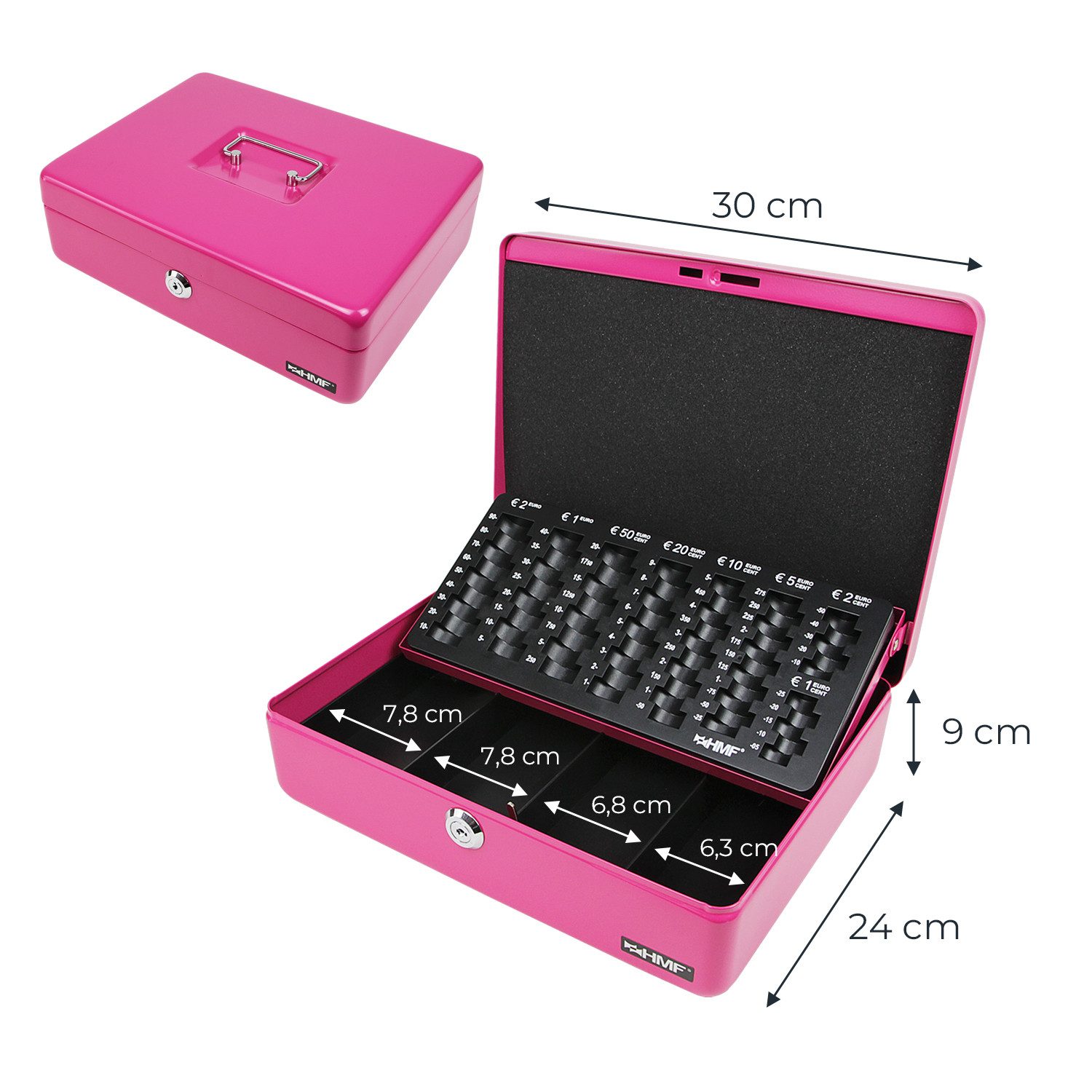 HMF Geldkassette Geldkassette abschließbar Kasse mit EURO-Münzzählbrett 4 Scheinfächer, hochwertige Geldzählkassette mit Schlüssel, 30 x 24 x 9 cm, pink – Bild 5 von 5
