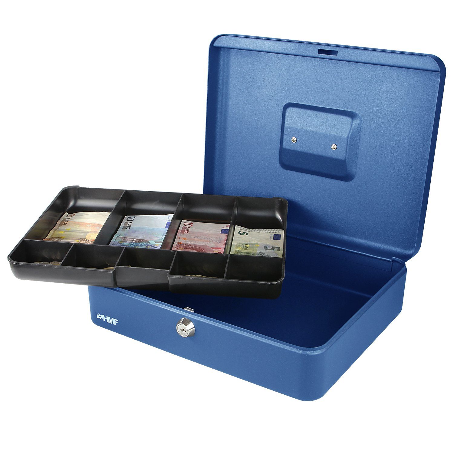HMF Geldkassette abschließbare Schlüssel, Scheinfach, mit Bargeldkasse blau und mit robuste Geldbox 30x24x9cm Münzeinsatz