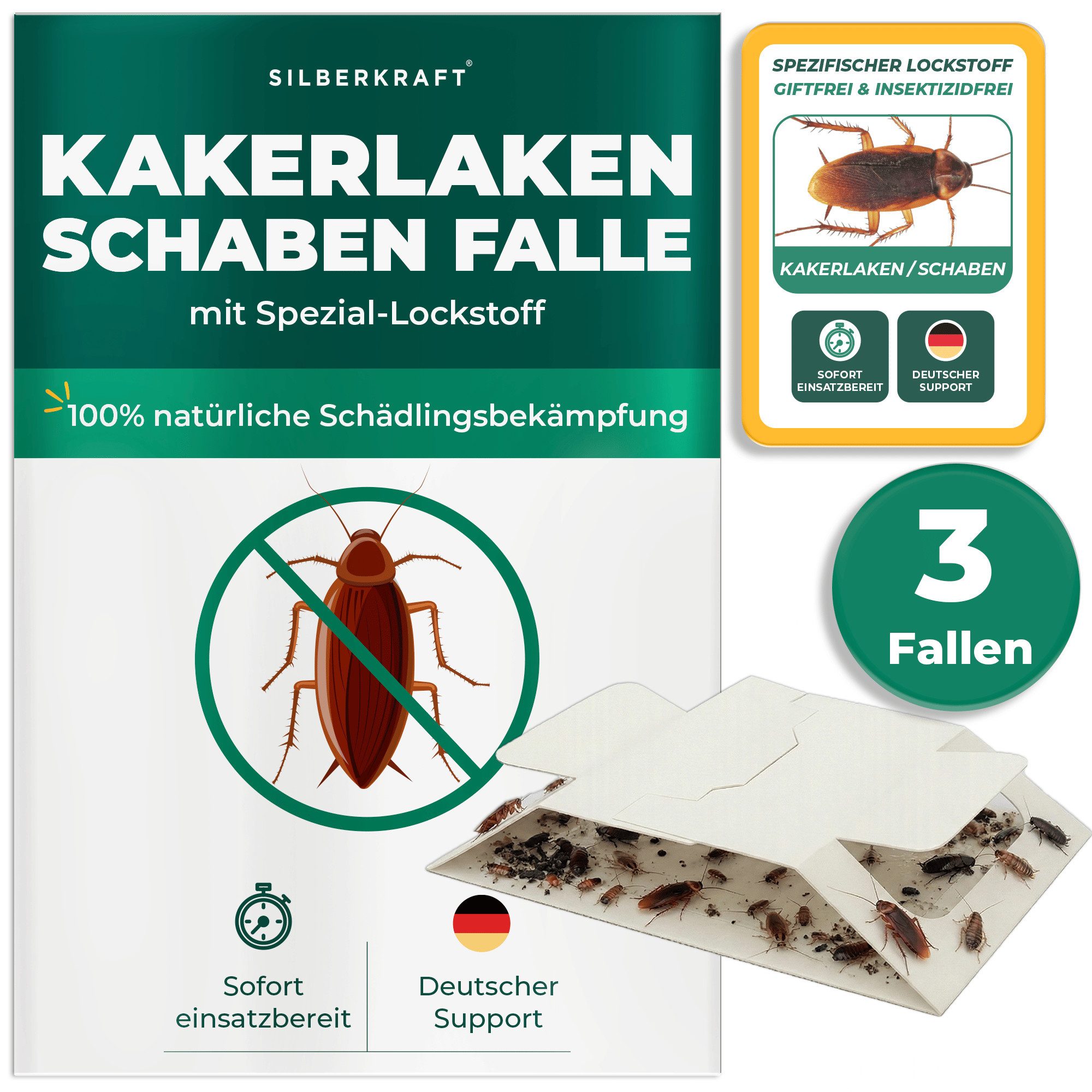 Silberkraft Insektenfalle Kakerlaken/Schaben Falle mit Spezial-Lockstoff Langzeitschutz, Biozidfrei & Geruchslos Extrastarke klebefläche Gezielte Anlockung