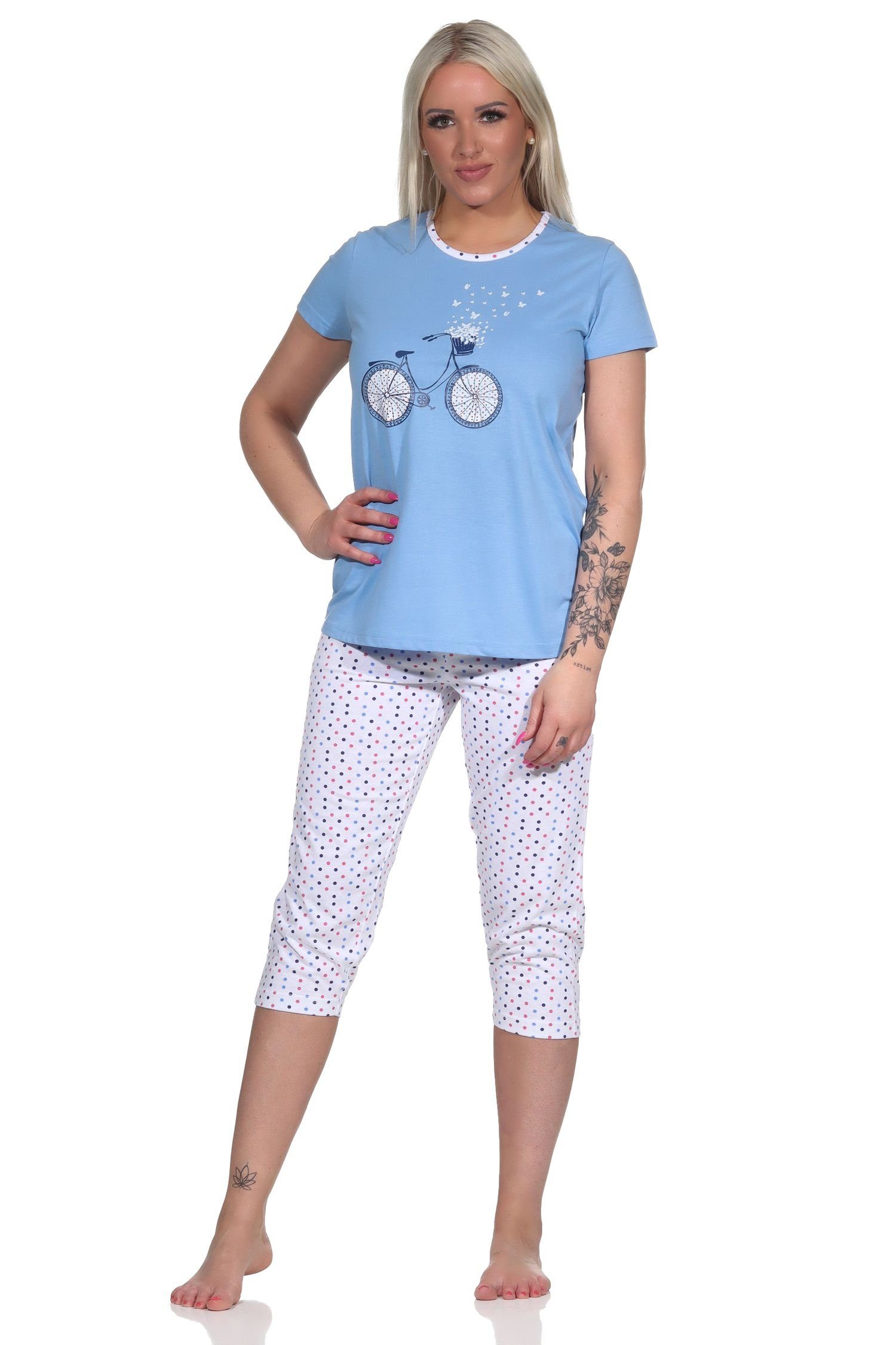 Normann Pyjama Damen Capri Pyjama, Schlafanzug mit Front-Print und Punkten blau