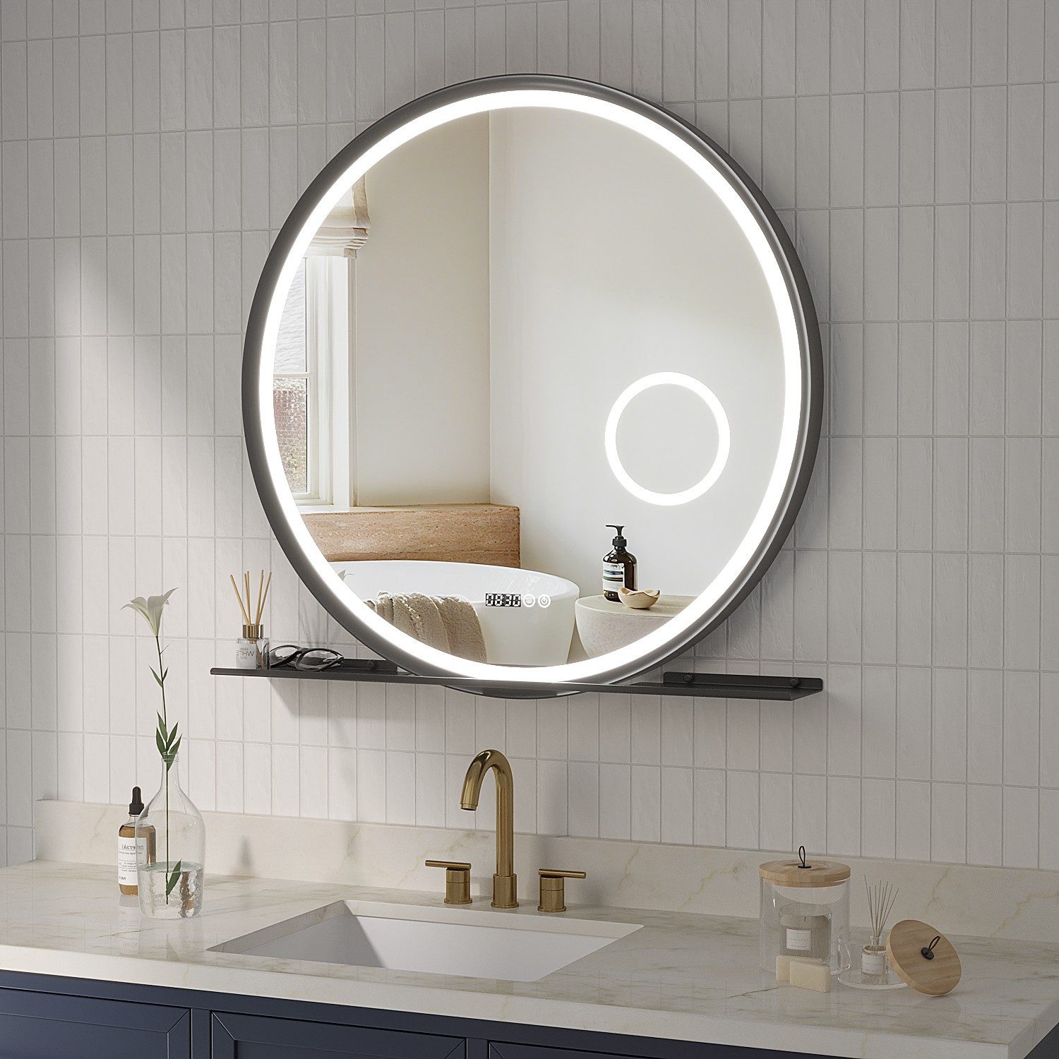 AQUABATOS Badspiegel Badezimmerspiegel rund 80 cm mit LED Beleuchtung dimmbar und Ablage, Wandspiegel,Beschlagfrei,3-Fach Vergrößerung Kosmetikspiegel,Uhr,IP44