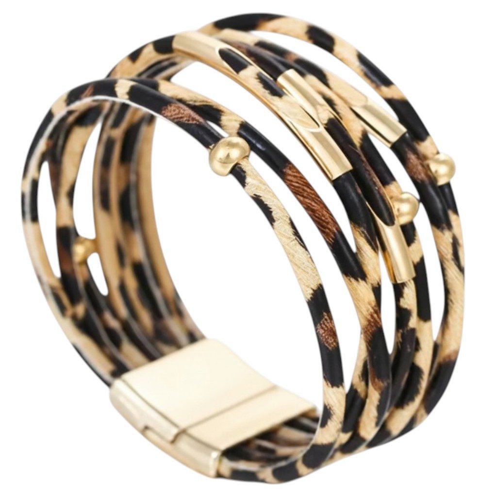 KARMA Armband Damen mehrreihig Leo braun Gold (1-tlg., Damenarmband Wickelarmband), Magnetverschluss 5,7 cm modern