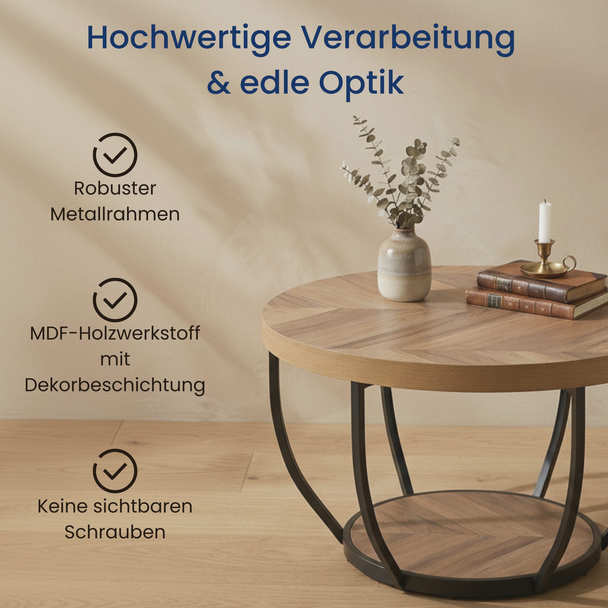 Home Collective Couchtisch Beistelltisch rund Ø 80 cm moderner Wohnzimmertisch mit 2 Ablagen (ideal als Büro Ablagetisch oder als Wohnzimmer Deko), hochwertiges – Bild 5 von 5