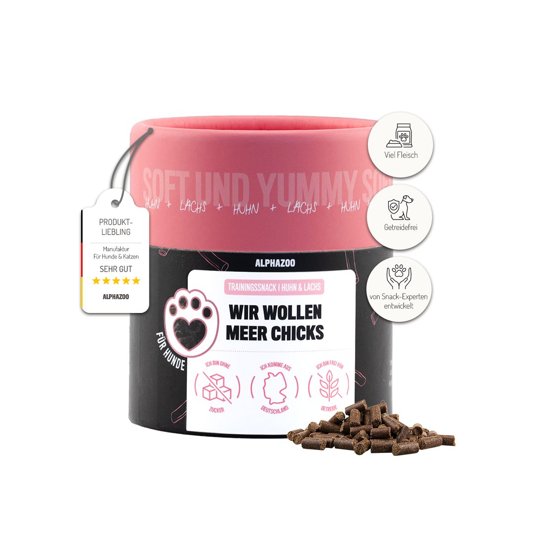 ALPHAZOO Wir wollen Meer Chicks 65g, Weiche Hundeleckerli Lachs Huhn getreidefrei und ohne Zuckerzusatz, Snack für: Hunde, Trainingssnack mit viel Fleisch und ohne Getreide