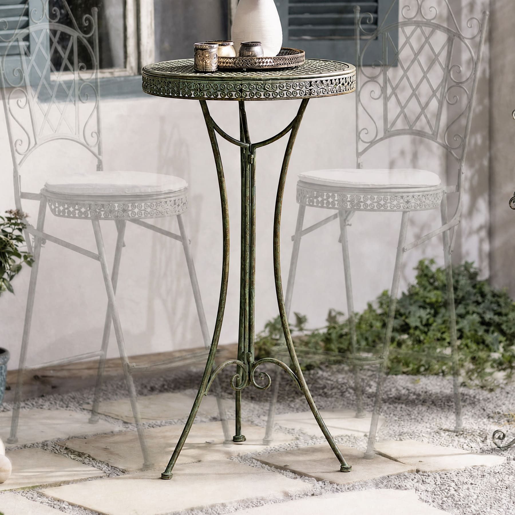 Dekoleidenschaft Stehtisch "Ornamente" aus Metall, mint-grün mit Rost Effekten, hoher Gartentisch, Bistrotisch, Ø 56 x H 107 cm, Balkontisch, Metalltisch