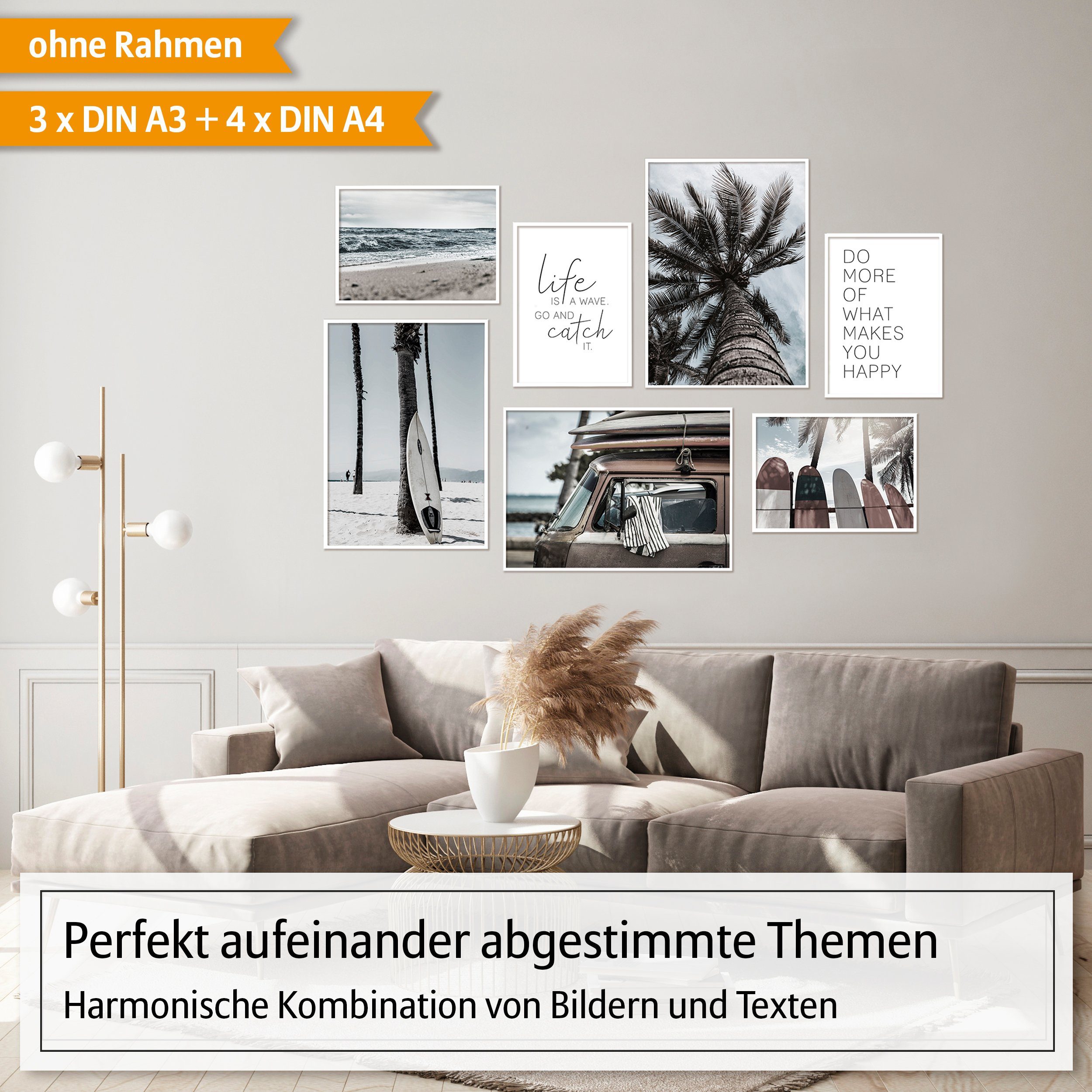 Hyggelig Home Poster Surfen - Premium Poster Set OHNE & MIT Rahmen - 7 Wandbilder Urlaub, Strand (Set, 7 St), Collage Beach, Qualitätsdruck auf dickem Papier