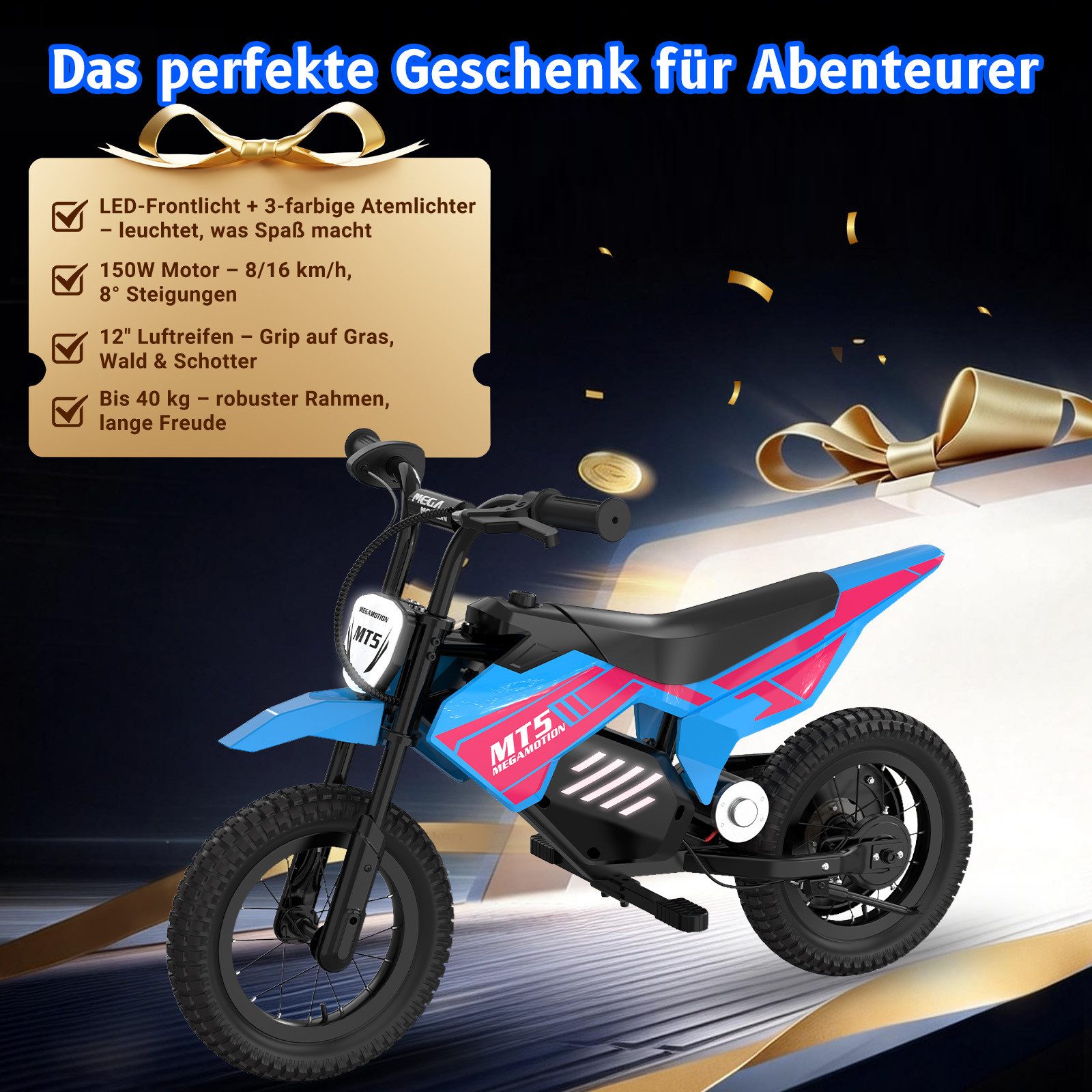 Mega Motion Elektro-Kindermotorrad MT5, 150W, 5,2AH, 8/16 km/h, 12 Zoll Luftreifen, Reichweite 10 km, Belastbarkeit 40 kg, Schnellladung 2–3 h, Elektromotorrad für ab 6 Jahren