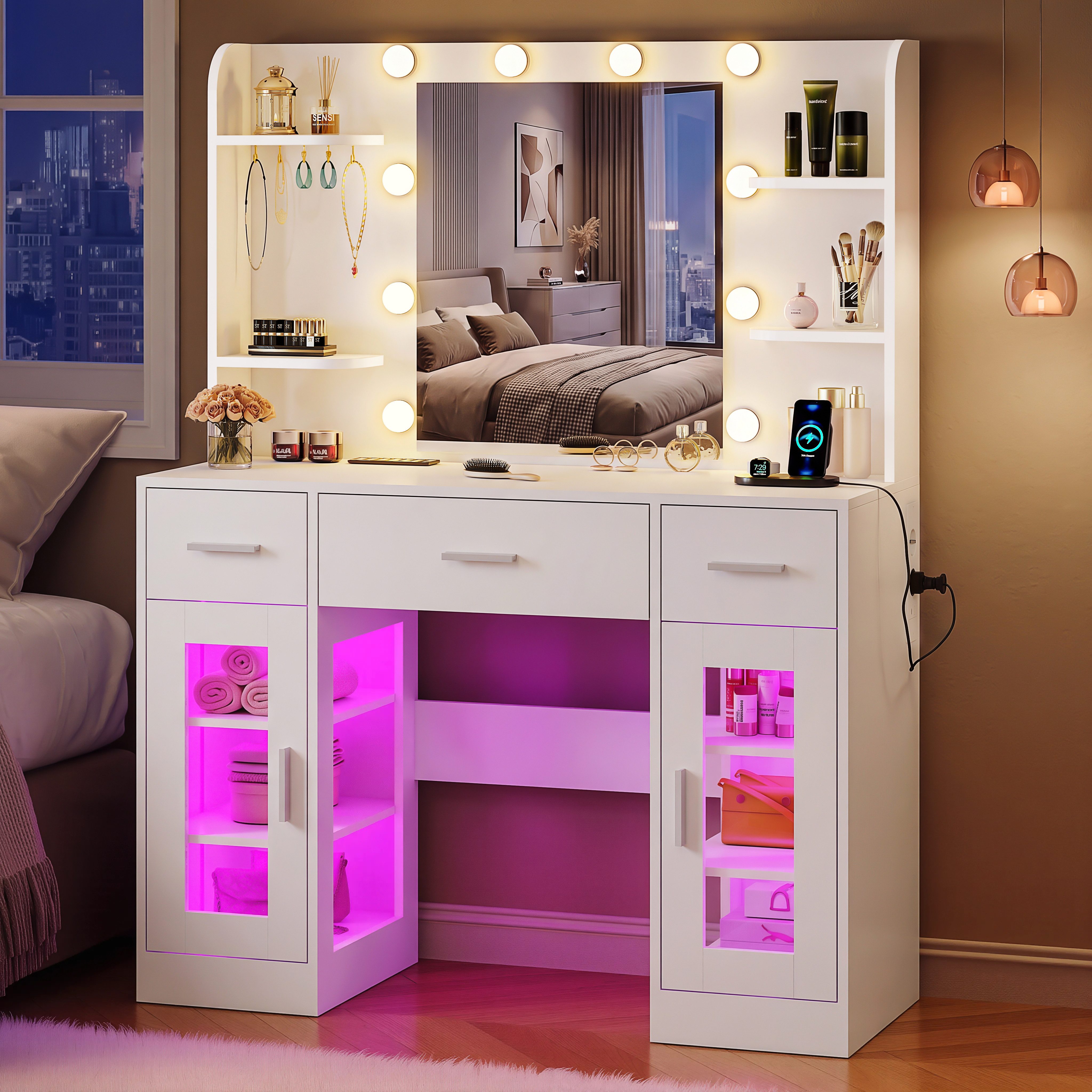 oyajia Schminktisch mit Spiegel, RGB LED-Beleuchtung, Steckdosenleiste (3 Schubladen+4 offene Fächer, 107x140x40 cm), mit Spiegel und 2 luxuriösen transparenten Vitrinen mit RGB
