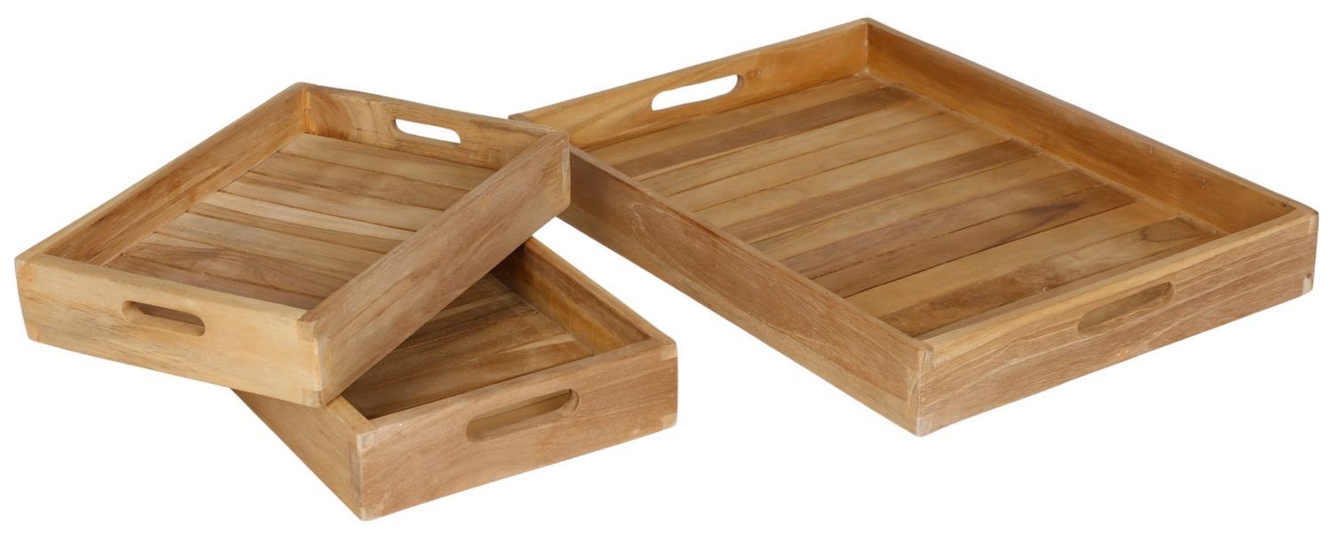 3tlg aus Teakholz Holz BURI Tablett-Set Frühstückstab, Servierteller Serviertablett Dekotablett