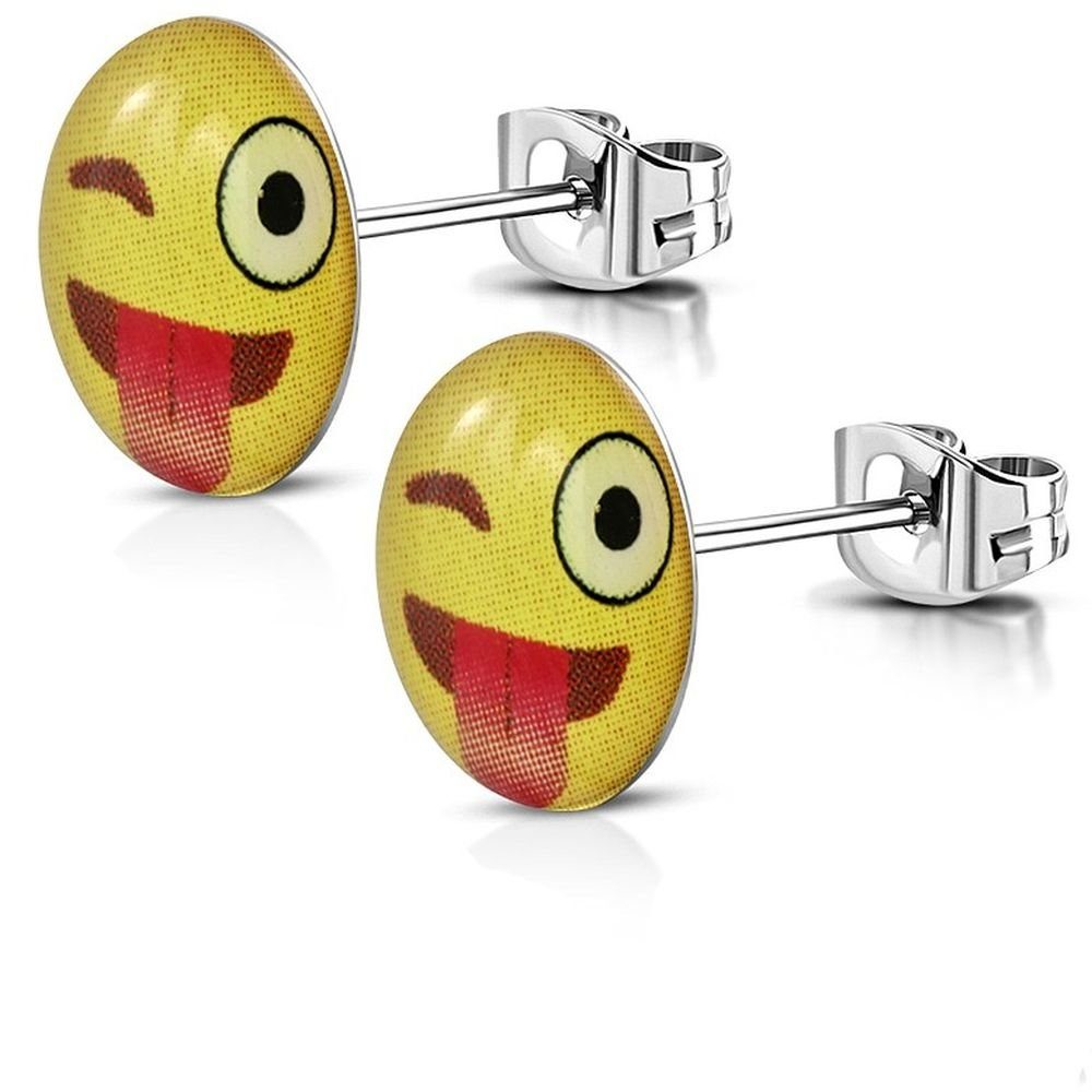 Ohrring-Set Ohrstecker rund Smiley silber aus Edelstahl Unisex zwinkernd