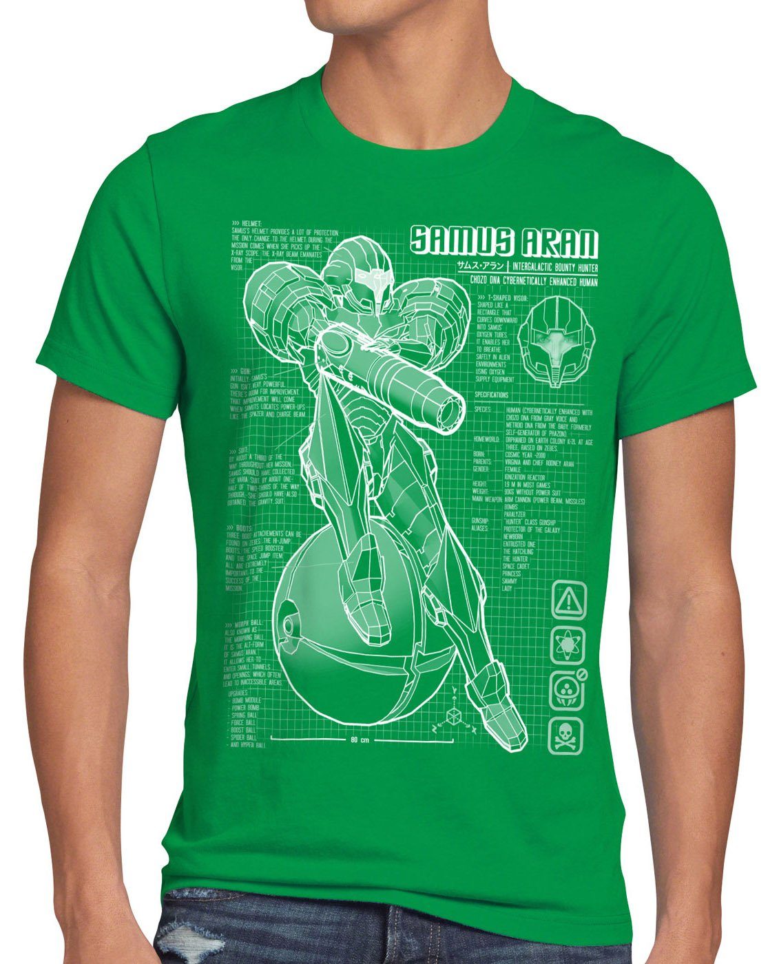 style3 Print-Shirt Herren T-Shirt Samus Blaupause metroid nerd gamer nes snes switch grün