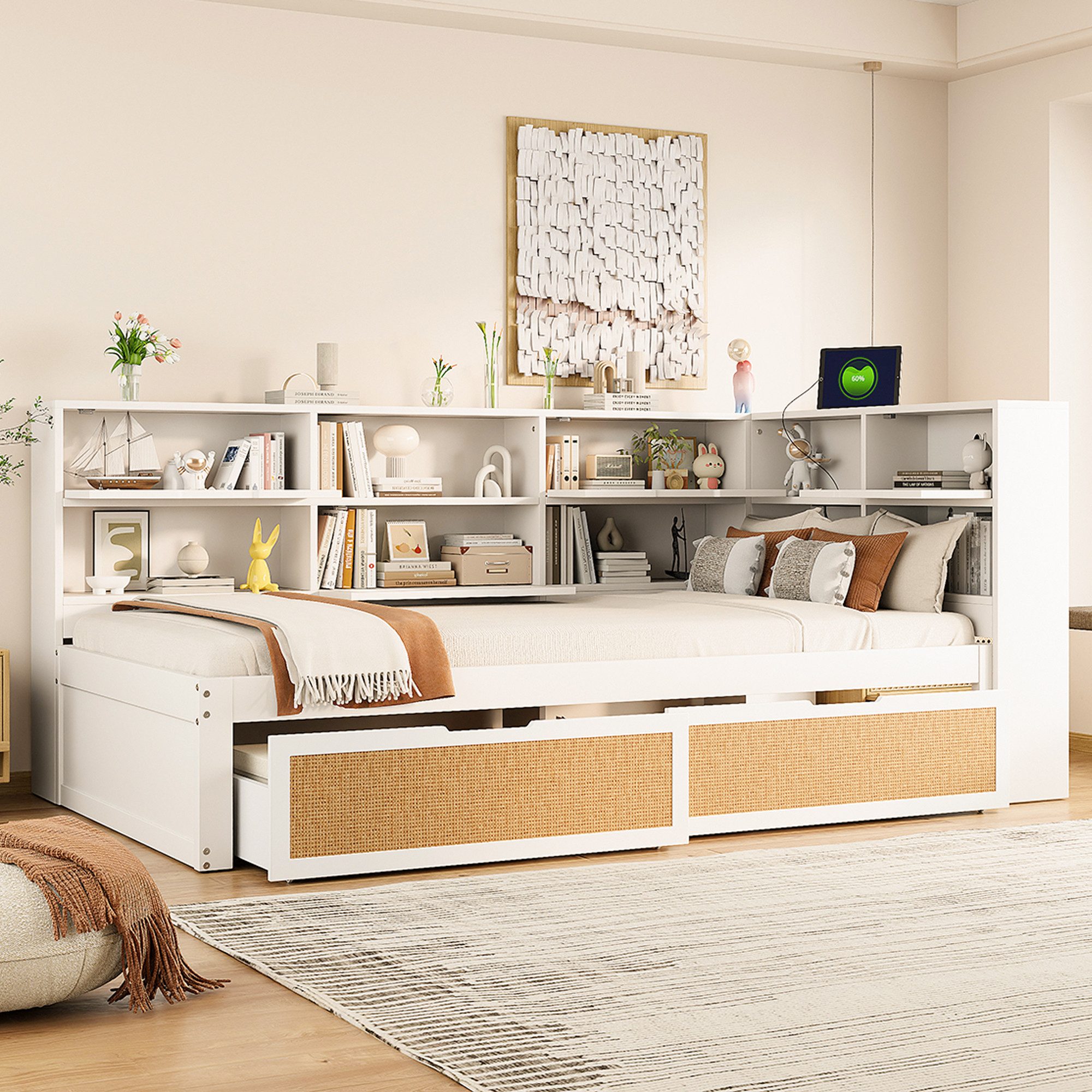 STILVORA Stauraumbett Jugendbett 90×200 Kinderbett mit Schubladen,Bettgestell Holzbett (aus Massivholz mit Stauraum & Ladeanschlüssen, Einzelbett für Gästezimmer, platzsparend mit Schubladen 90x200cm, 90x200cm), ohne Matratze