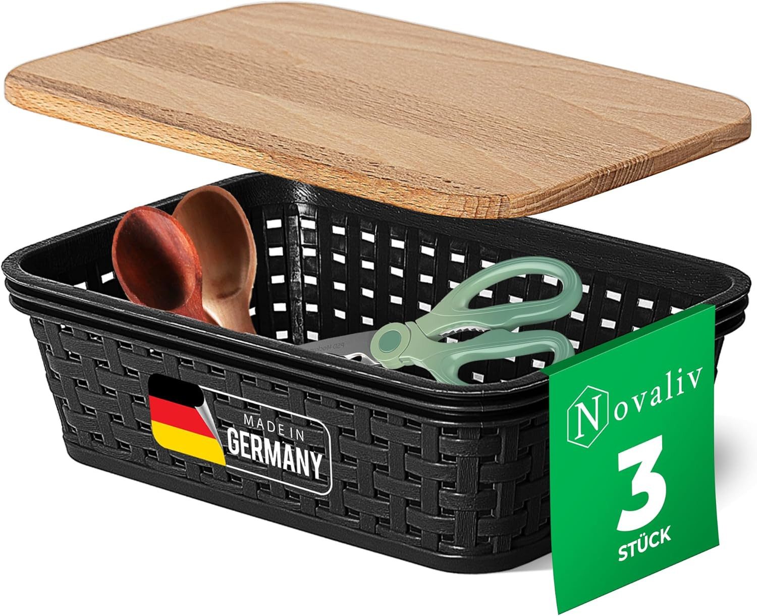Novaliv Aufbewahrungsbox 30978-30980-3x (3 St), Novaliv 3er Set Aufbewahrungsbox mit Holzdeckel Küche 1L Schwarz Kunst