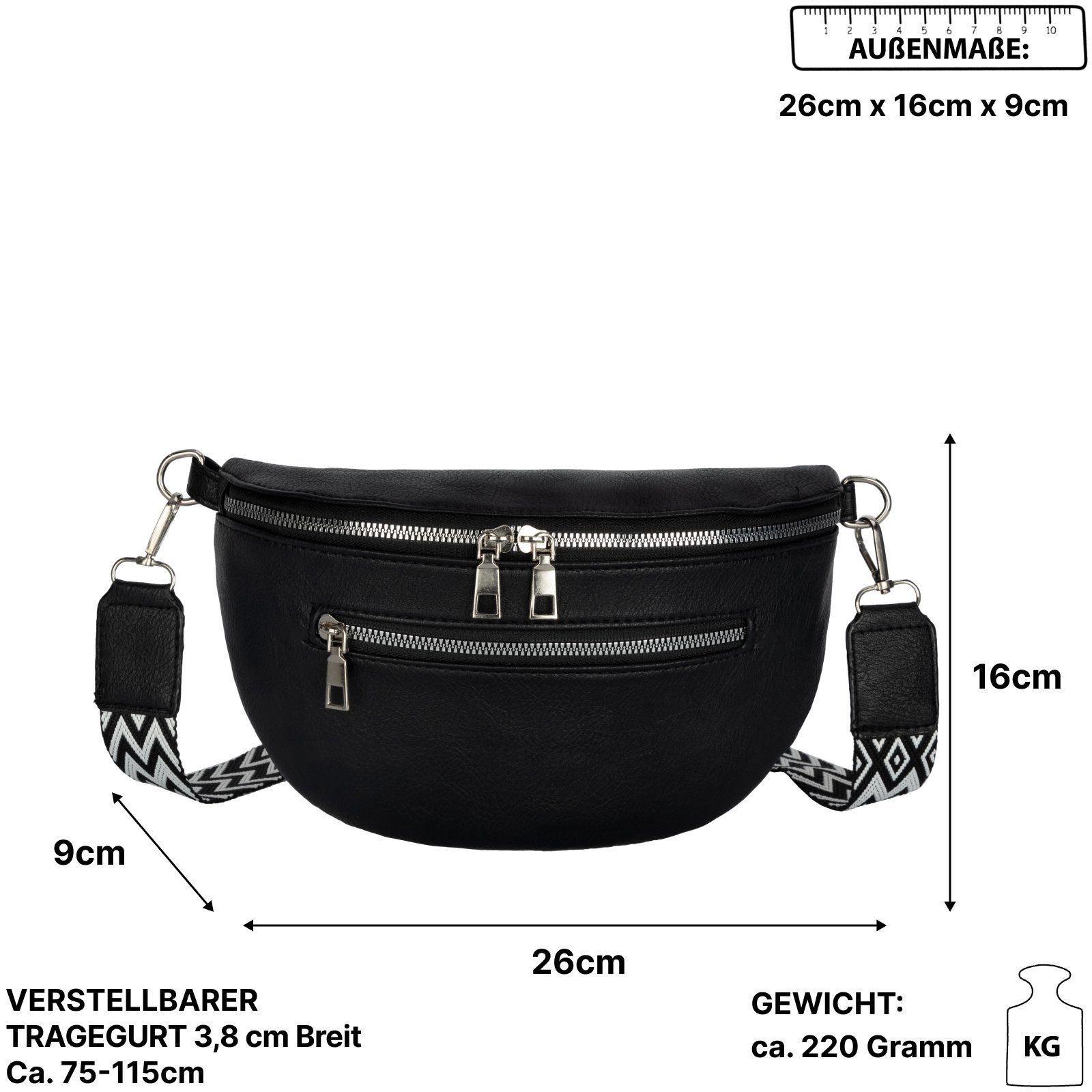 EAAKIE Gürteltasche Bauchtasche tragbar Umhängetasche Umhängetasche Schultertasche, Crossbody-Bag als CrossOver, Kunstleder BLACK Italy-De, Hüfttasche