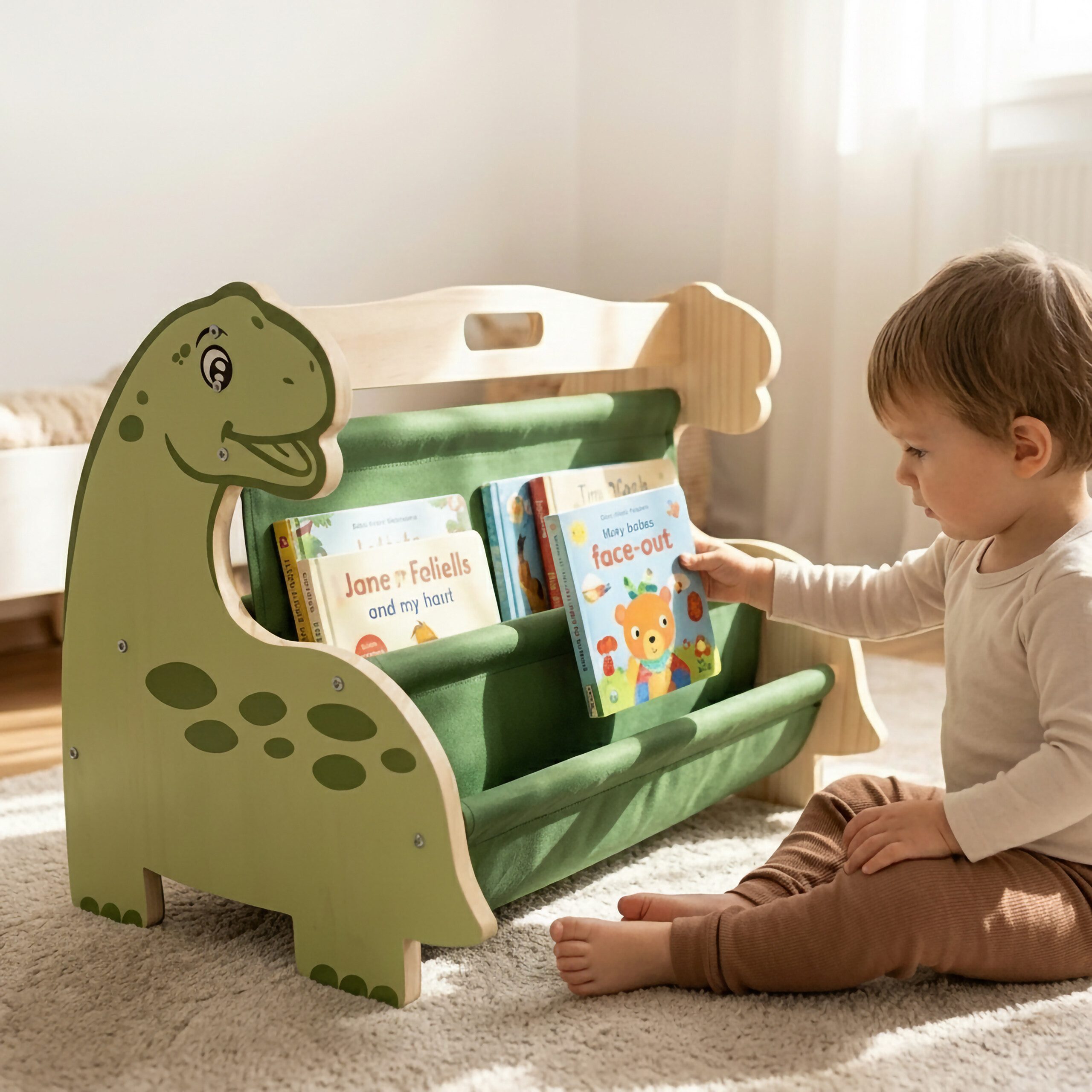 relaxdays Kinderregal Bücherregal Kinder 4 Stofffächer, Dino – Bild 2 von 5