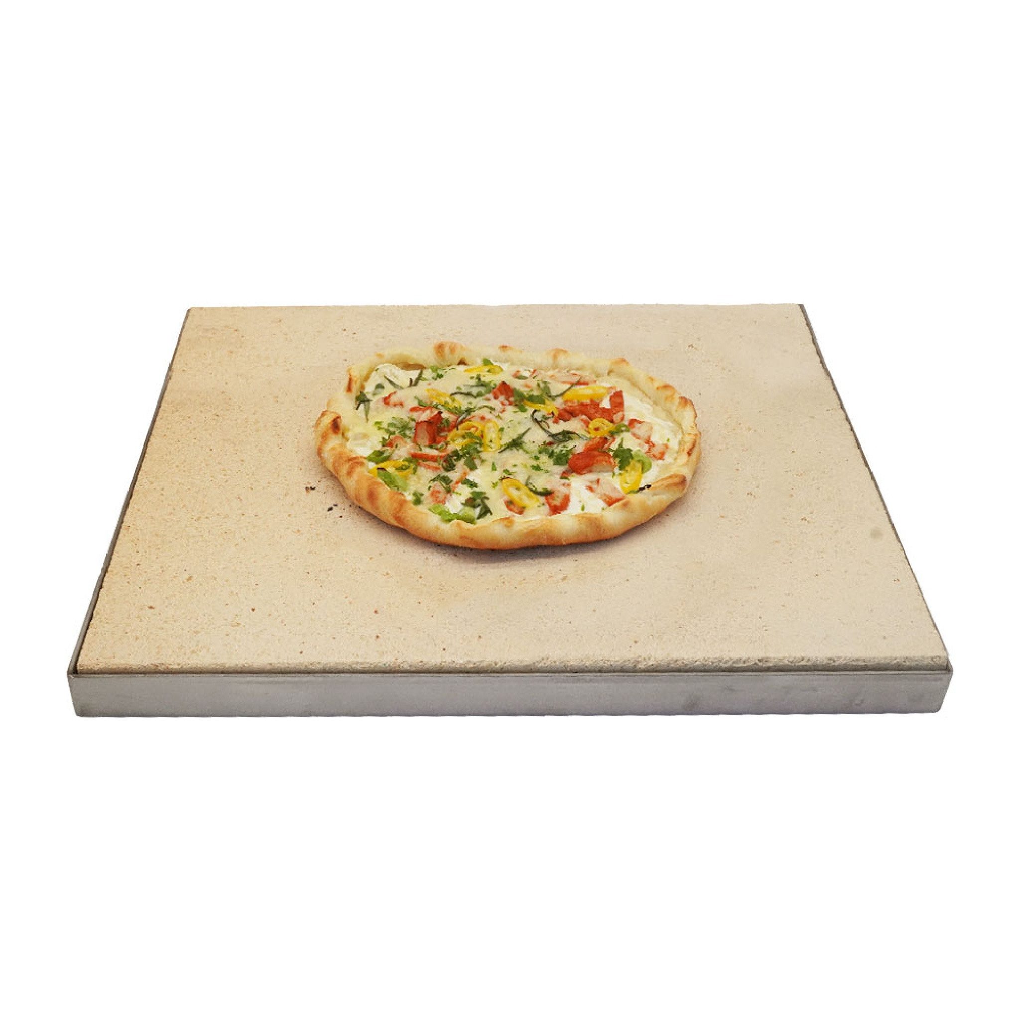 Feuerfest 123 GmbH Pizzastein Pizzastein Grill 50 x 30 x 3 cm + Edelstahlrahmen