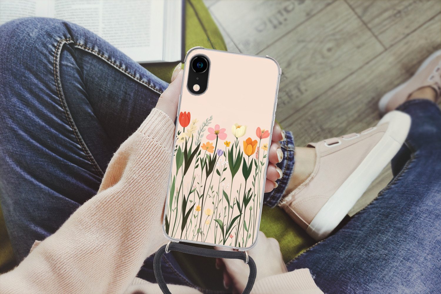 MuchoWow Handyhülle für Apple iPhone XR Pastelltöne - Blumen - Illustration, Tragbare Handyhüllen mit Kette zum umhängen, Handykette Handyband
