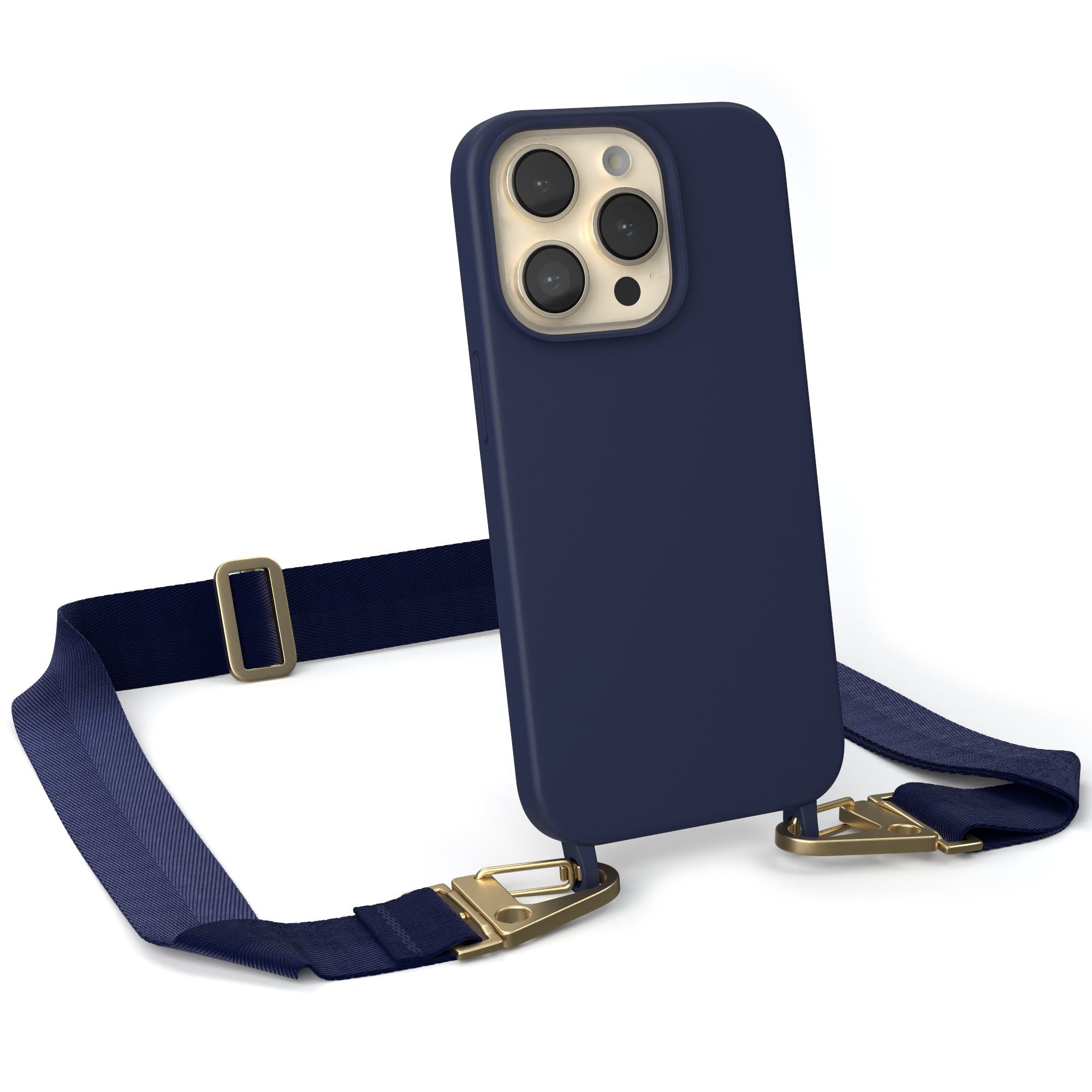 EAZY CASE Handykette Karabiner Breitband für Apple iPhone 14 Pro 6,1 Zoll, Handykette zum Umhängen Slim Phone Chain Festivalbag Smartphone Blau