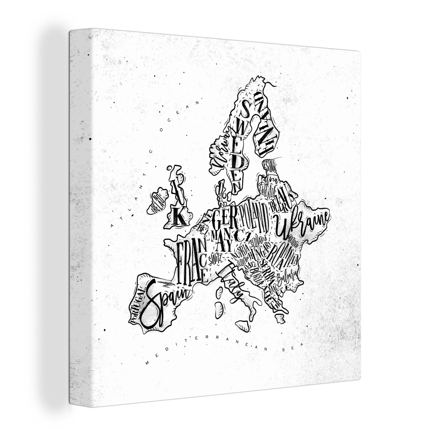 OneMillionCanvasses® Leinwandbild Karte - Europa - Schwarz - Weiß, (1 St), Leinwand Bilder für Wohnzimmer Schlafzimmer