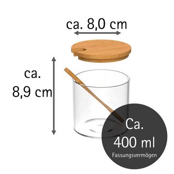 Melody Vorratsglas Vorratsgläser aus Glas mit Deckel, Glas, (3er-Set, 3x Glas, 3x Holzlöffel, 3x Deckel, 1x Basisplatte), mit Holzdeckel und Löffel