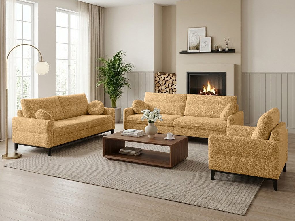 Beautysofa Polstergarnitur BELWEDER, (Velours oder Bouclé-Stoff, hoher Komfort, zeitloses Design), Sitzgruppe 3-Sitzer, 2-Sitzer & Sessel