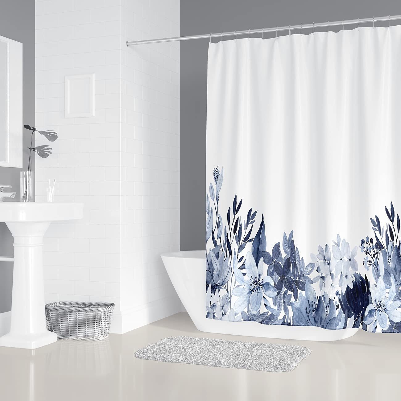 M&W DAS DESIGN Duschvorhang Shower curtains Anti schimmel Waschbar 180x200cm Blauweiß pflanzen