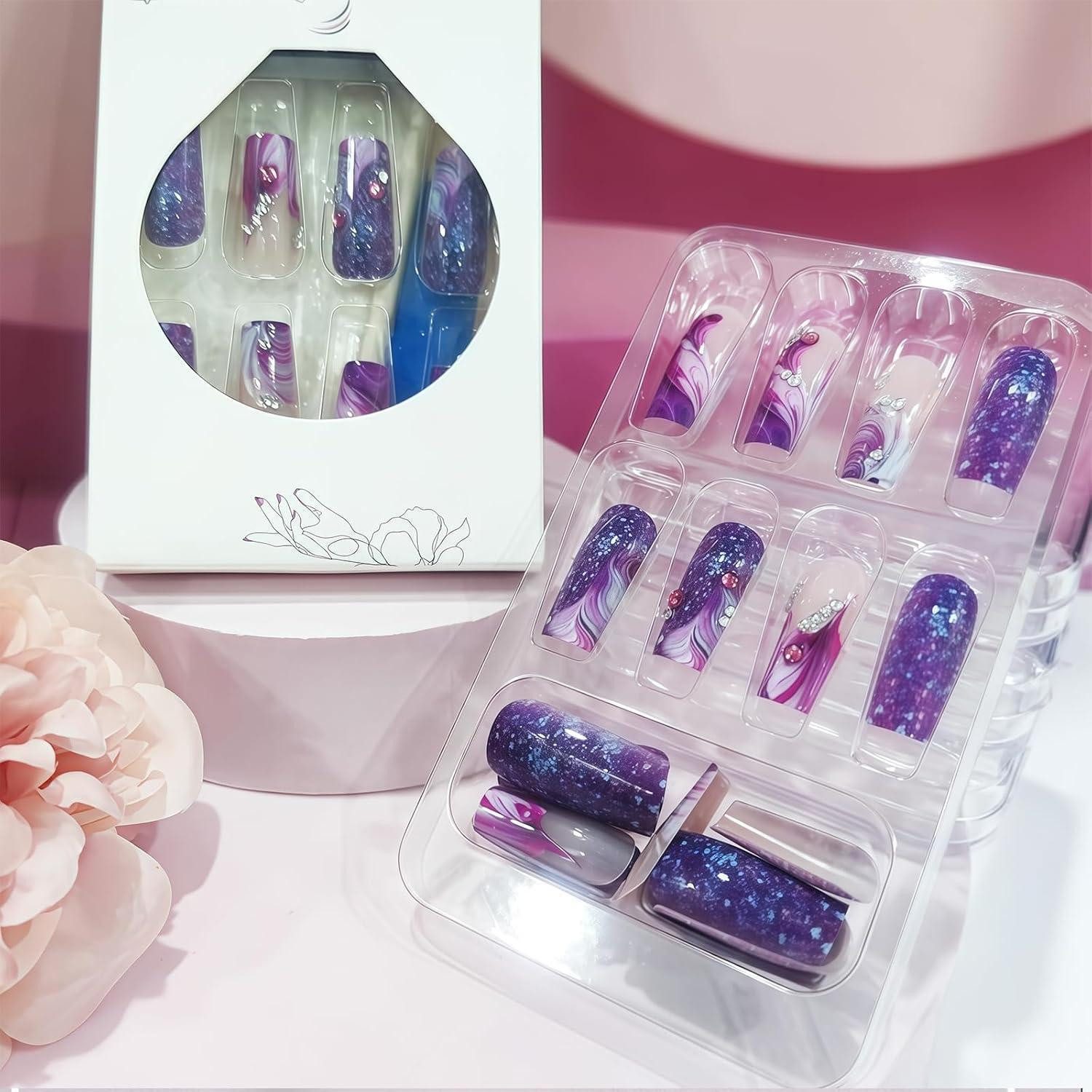 LuxusKollektion Kunstfingernägel Kunstnägel 24 Eckig Lila Strass Farbverlauf Gellook Lila Linienmuster – Bild 5 von 5