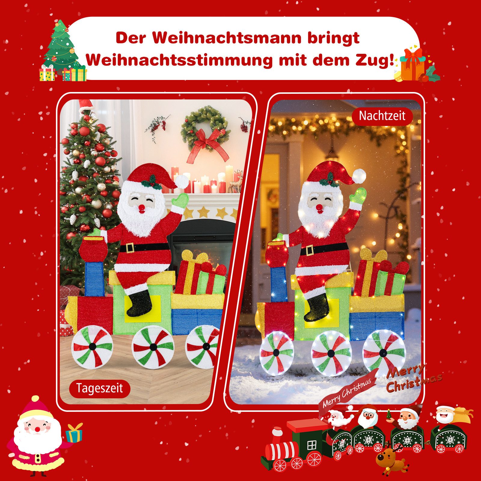 COSTWAY Weihnachtsfigur (1 St), LED Weihnachtsmann im Zug, Weihnachtsdeko, XXL