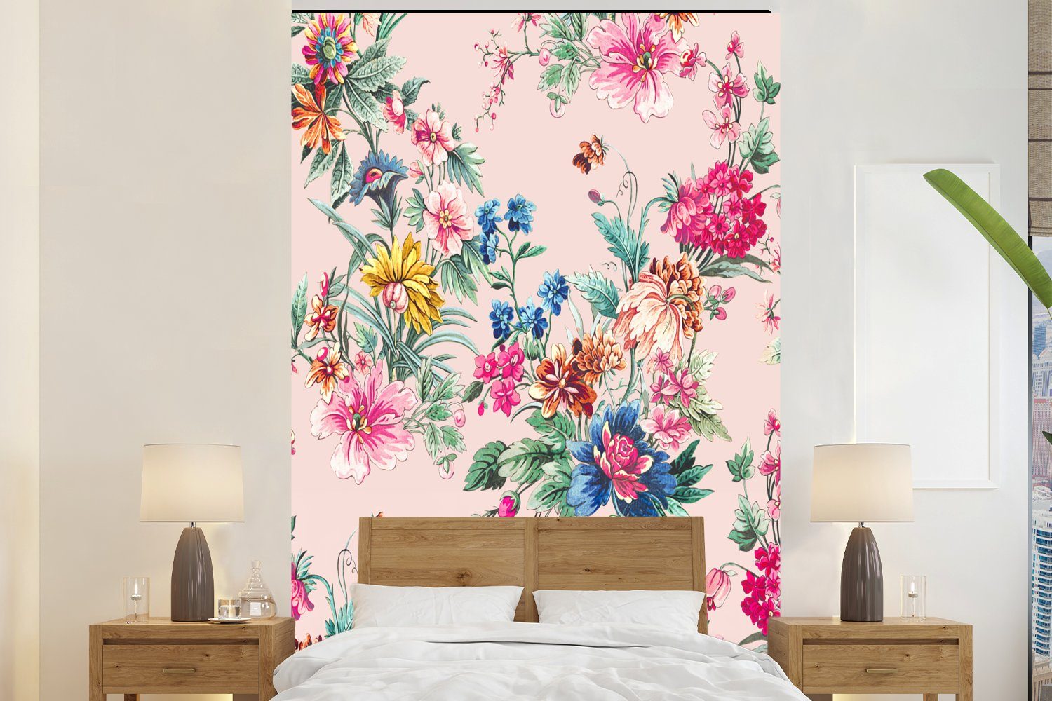 MuchoWow Fototapete Blumen - Pastell - Vintage, Matt, bedruckt, (3 St), Montagefertig Vinyl Tapete für Wohnzimmer, Wandtapete | Fototapeten