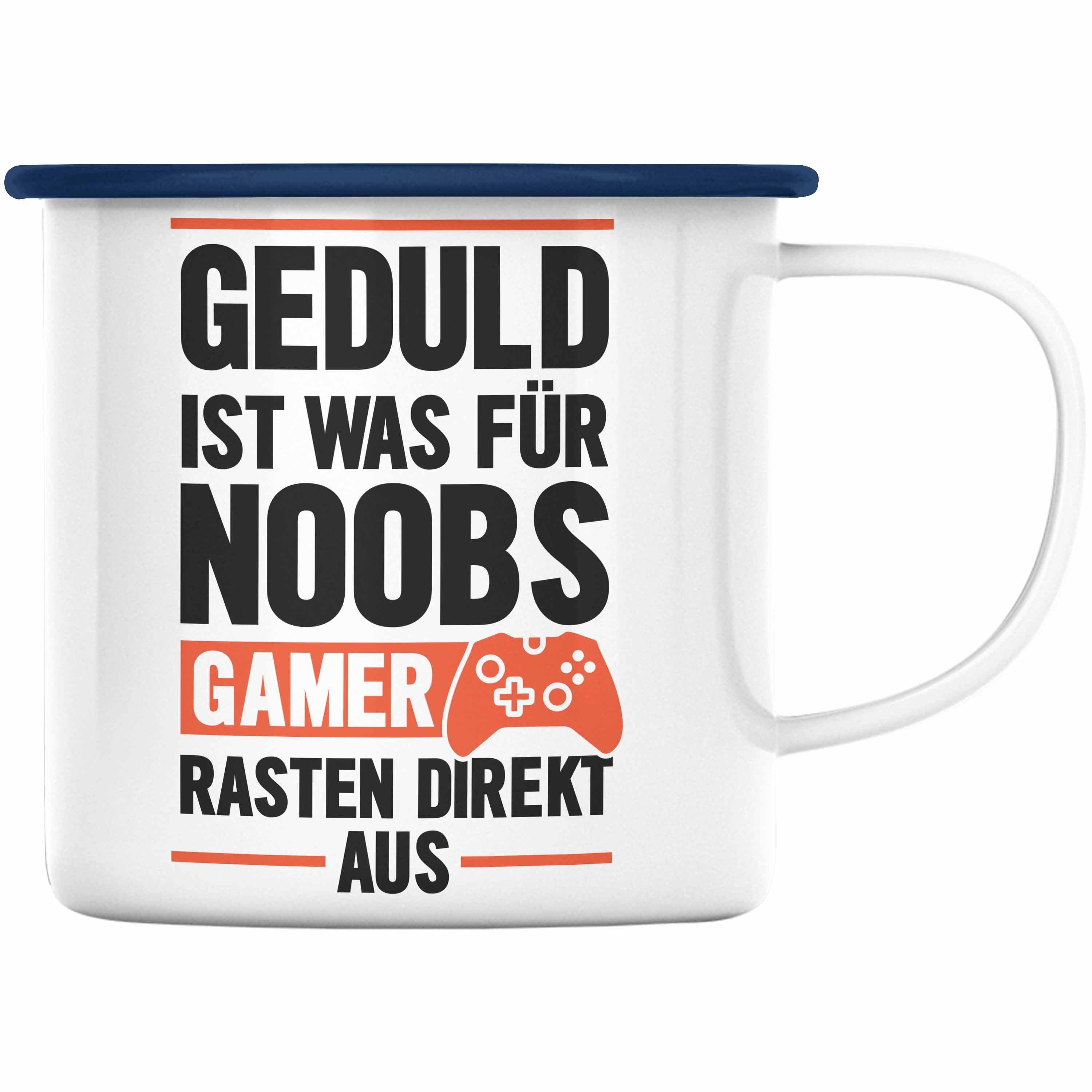 Trendation Thermotasse Trendation - Gamer Spruch Emaille Tasse Controller Geschenk - Geduld Ist Was Für Noobs - Zocker Emaille Tassen Geschenk Jungs Jungen Gaming Blau