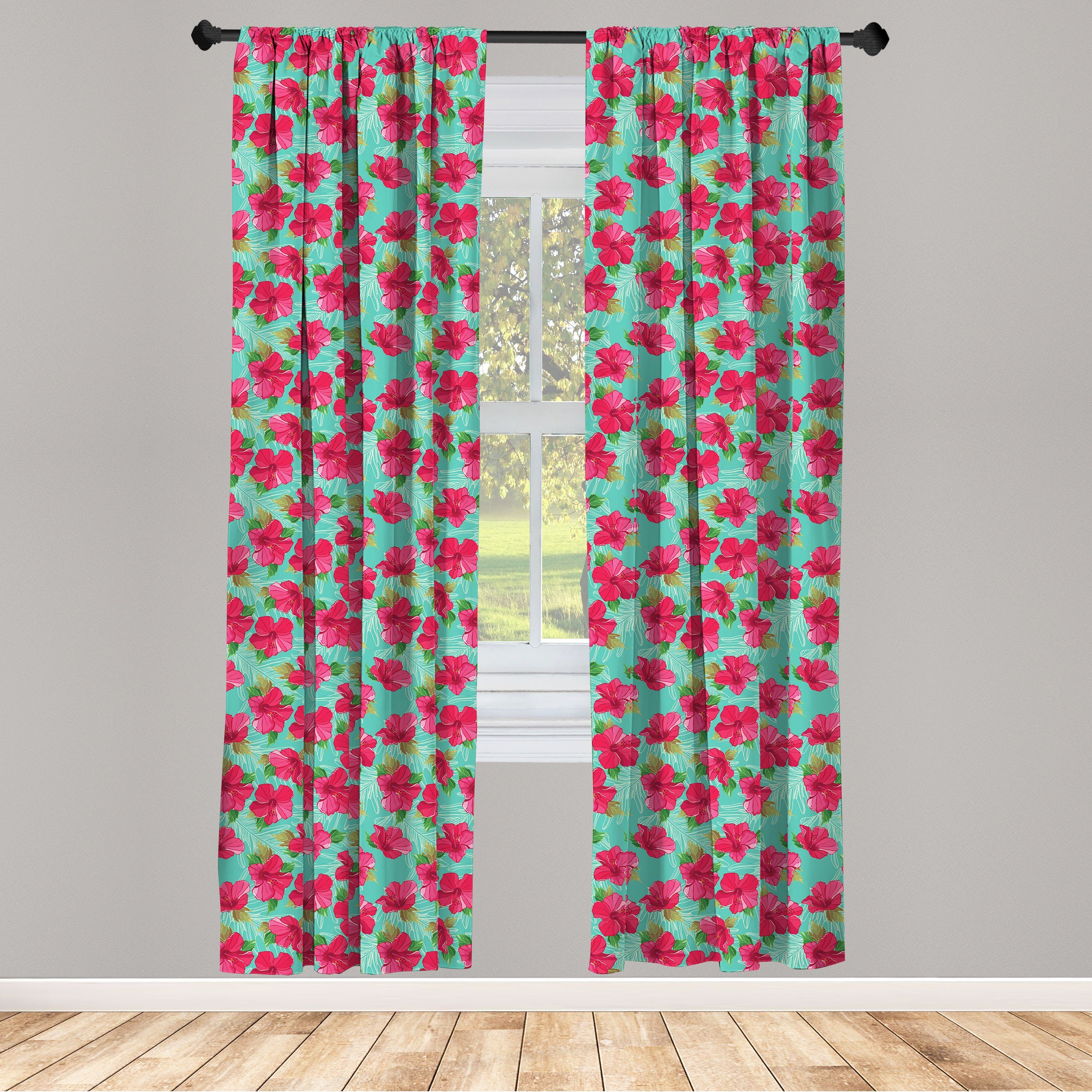 Gardine Vorhang für Hibiscus hawaiisch Abakuhaus, Schlafzimmer Wohnzimmer Microfaser, Dekor, Botanischer