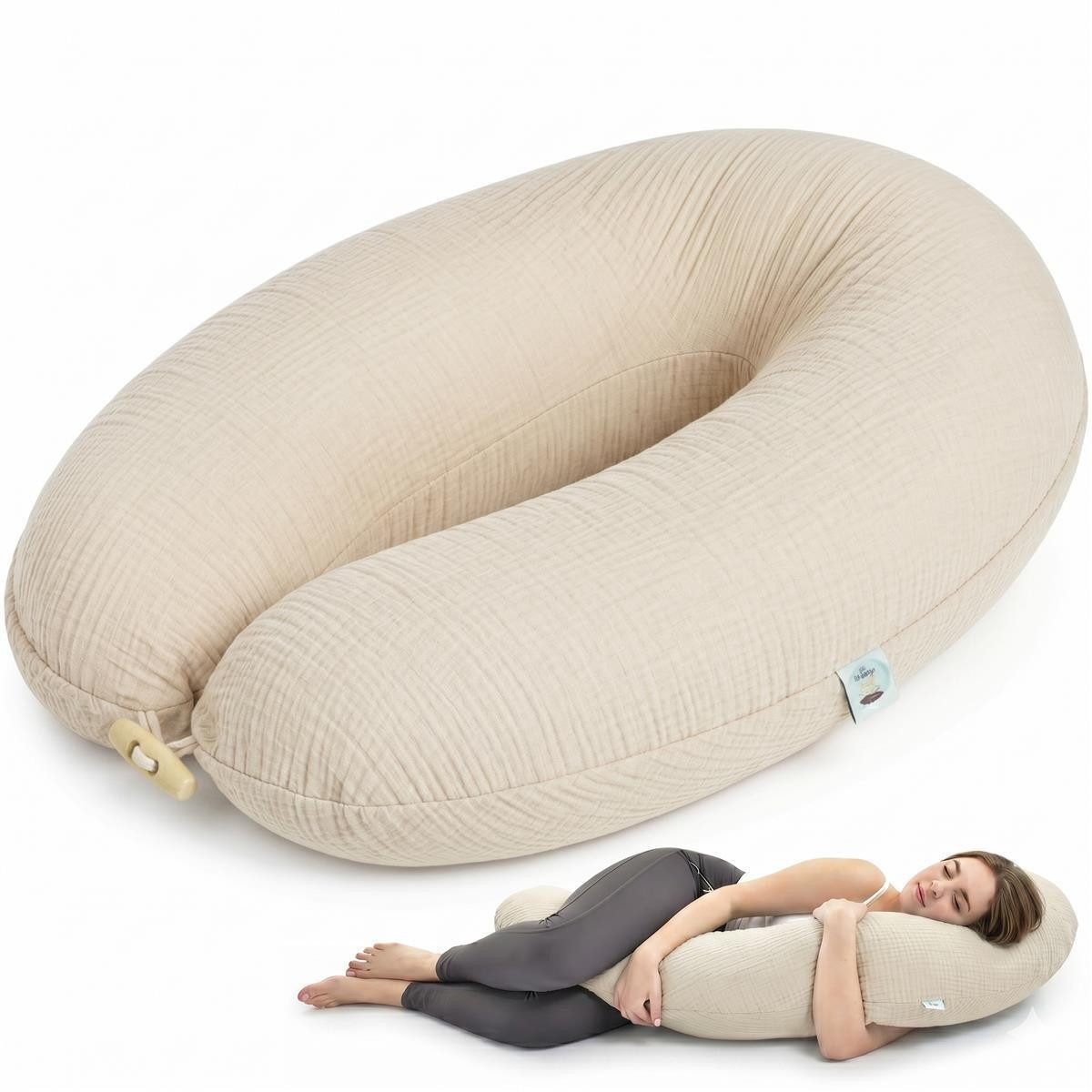 SEI Design Stillkissen Kapok-Füllung XXL 190x35 cm, Musselinbezug Bio-Baumwolle, ergonomisch, Schwangerschaftskissen mit Bezug, Seitenschläferkissen mit Kapok-Füllung, 100% Naturkissen, Musselin-Bezug aus Bio-Baumwolle