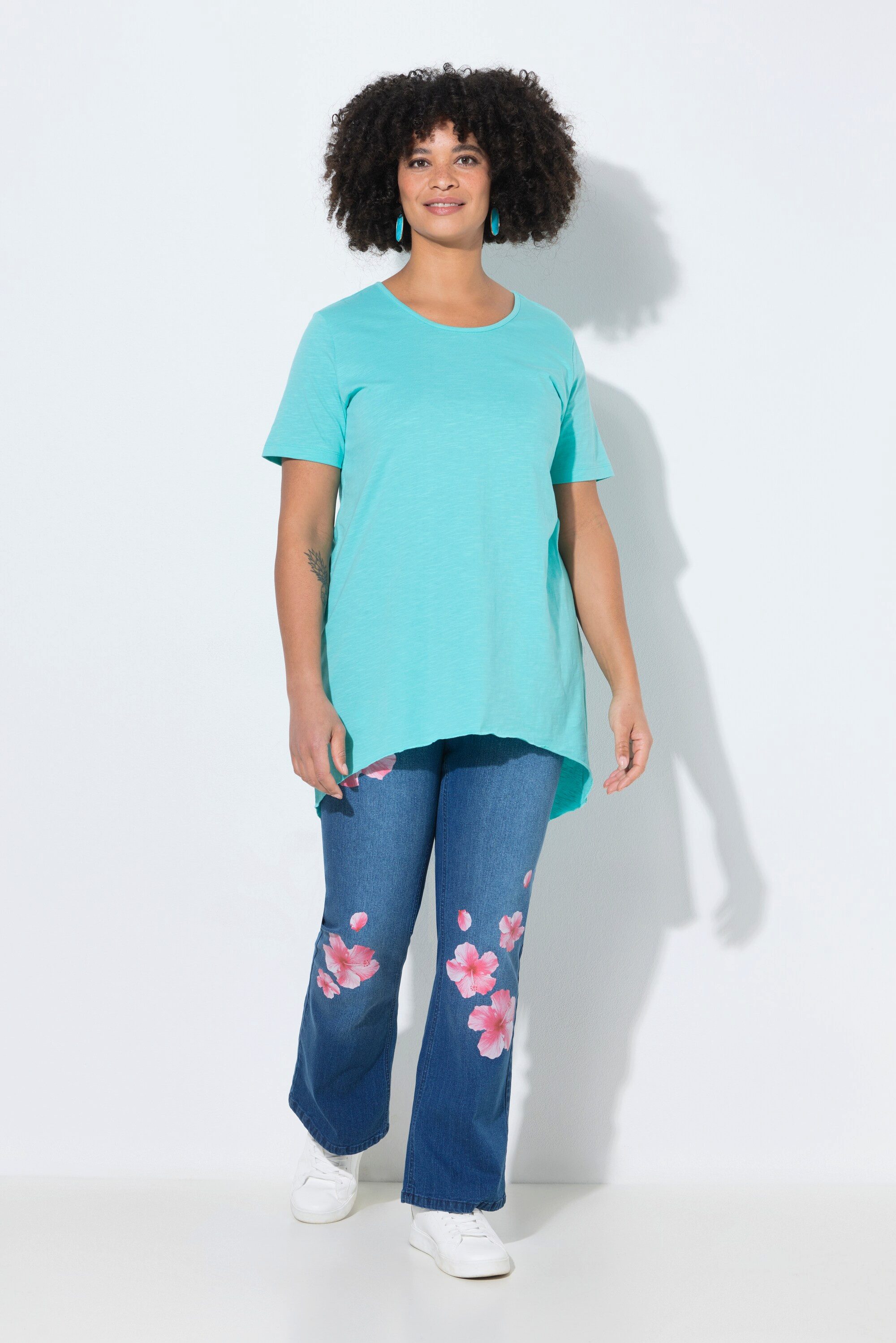 T-Shirt Longshirt Rundhals Halbarm gerundeter Saum