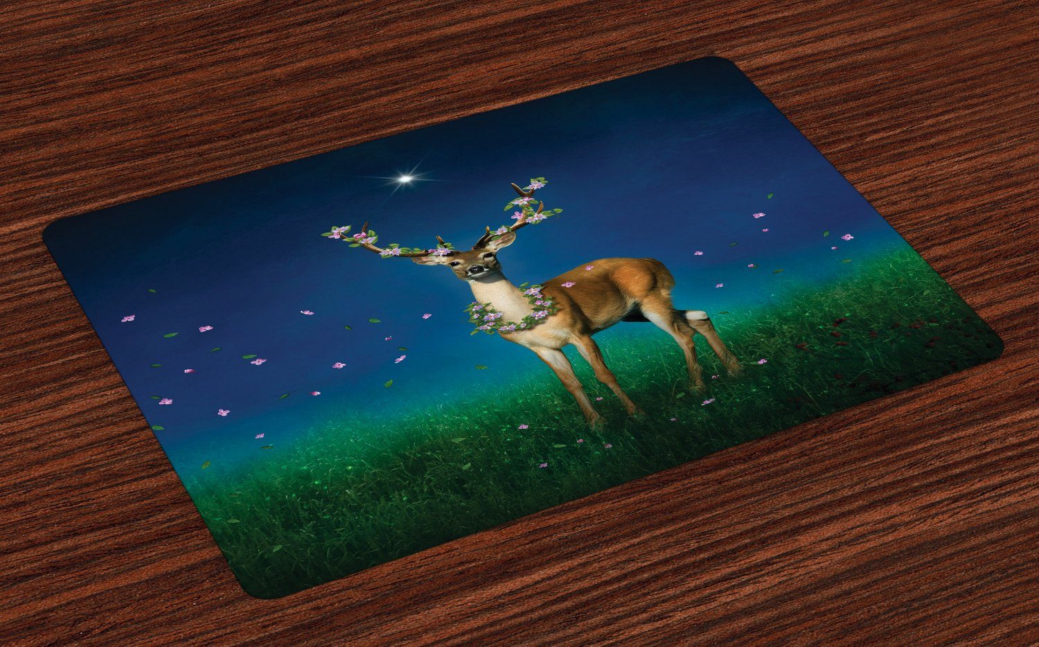 Platzset, Waschbare Stoff Esszimmer Küche Tischdekorations Digitaldruck, Abakuhaus, (4-teilig, 4 Teilig-St., Set aus 4x), Hirsch Tier mit Blumen Antlers