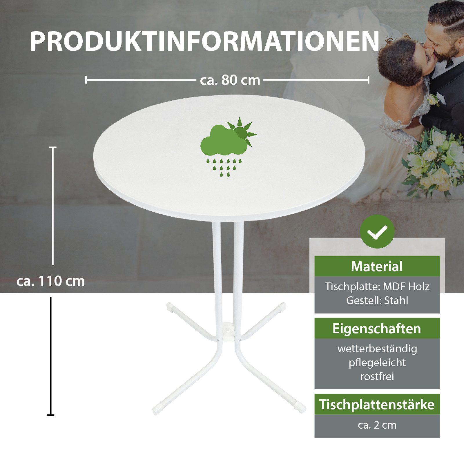 TRUTZHOLM Stehtisch klappbar Ø 80 cm Höhe 110 cm Stahl MDF-Holz Bistrotisch in Weiß (1er)