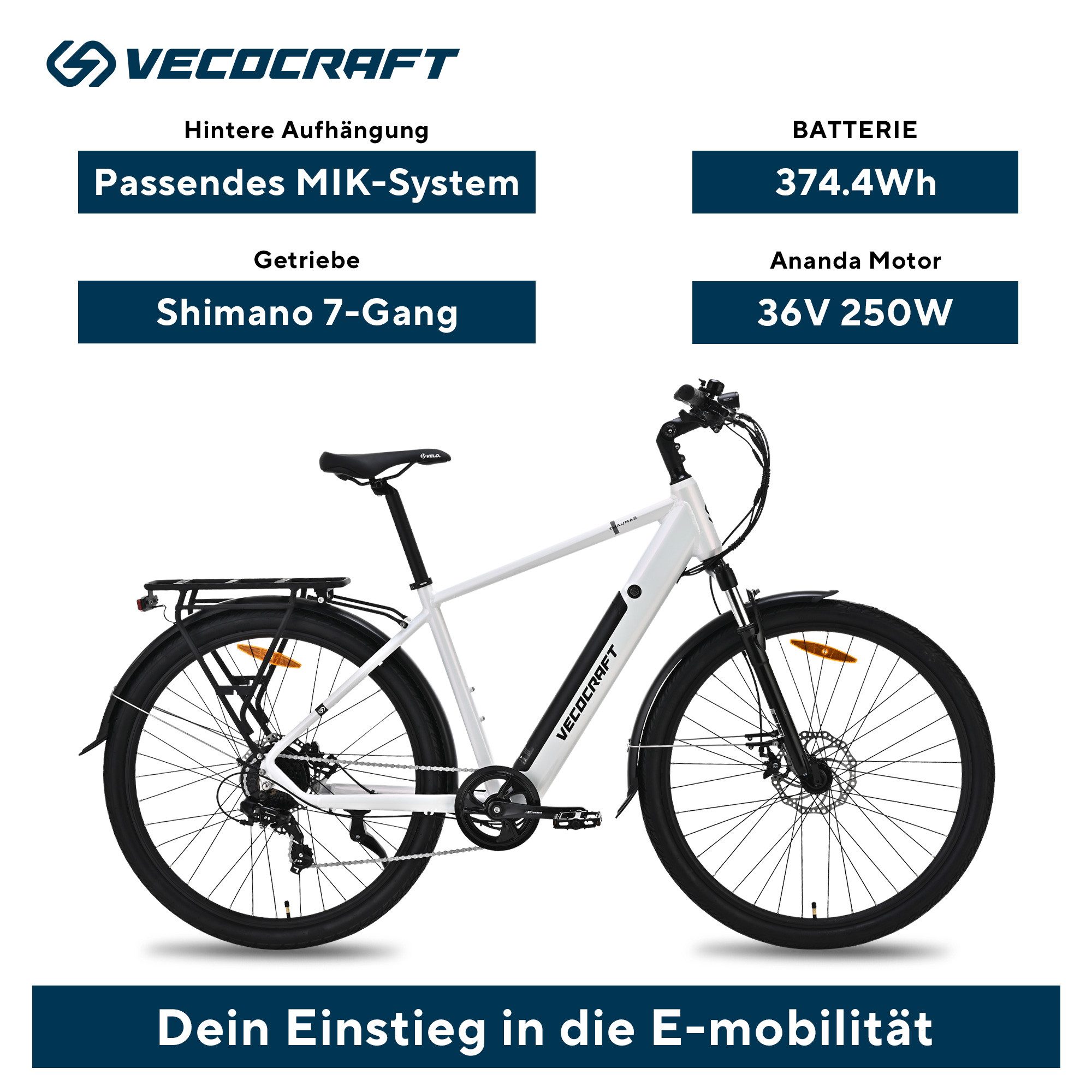 VECOCRAFT E-Bike Trekkingrad Thaumas 375WH, 7 Gang Shimano, Kettenschaltung, Heckmotor, 375 Wh