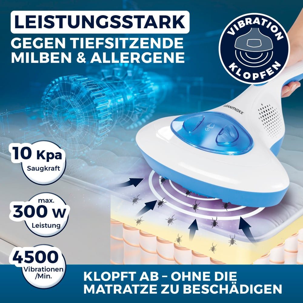 CLEANmaxx Matratzenreinigungsgerät Milben-Handstaubsauger, 300 W, mit Beutel, Antimilben-Sauger mit UV-C-Licht, inkl. EPA Filter