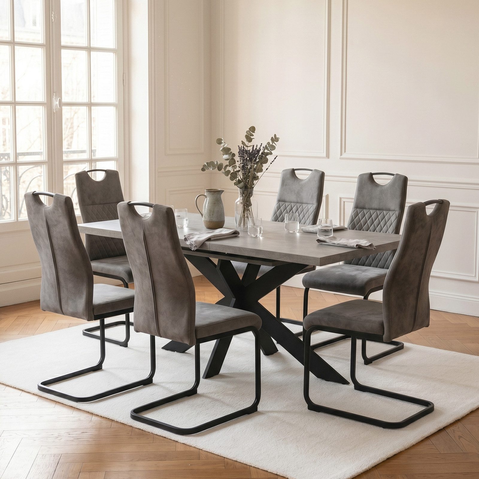 Jiexi Essgruppe Tisch-und Stuhlset, Ausziehbarer Esstisch (160–200 cm) mit 6-8 Stühlen