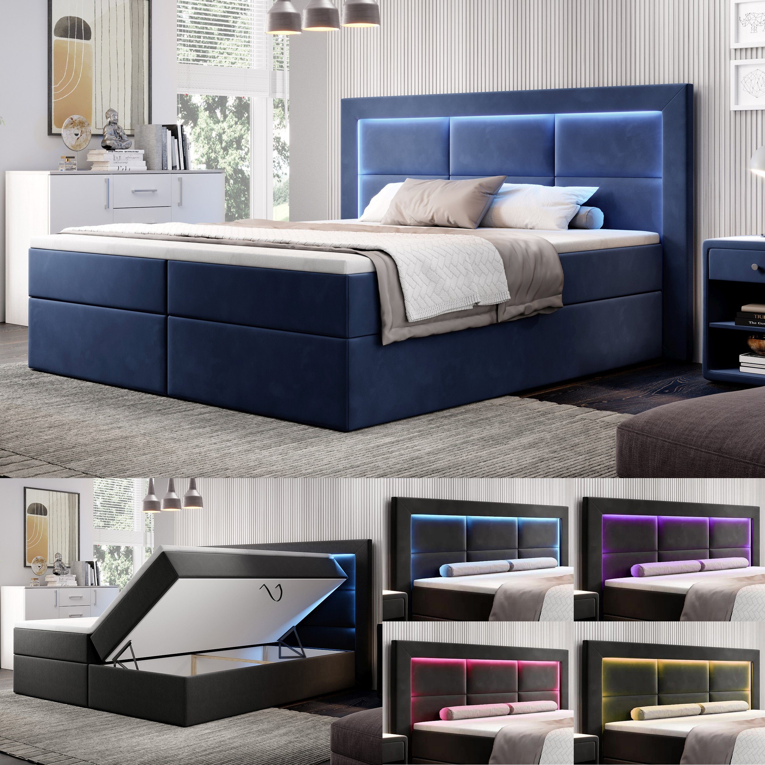 Möbel für Dich Boxspringbett Aspen mit 16-Farben LED im Kopfteil, mit Farbauswahl und 2 Bettkästen | Seniorenbetten