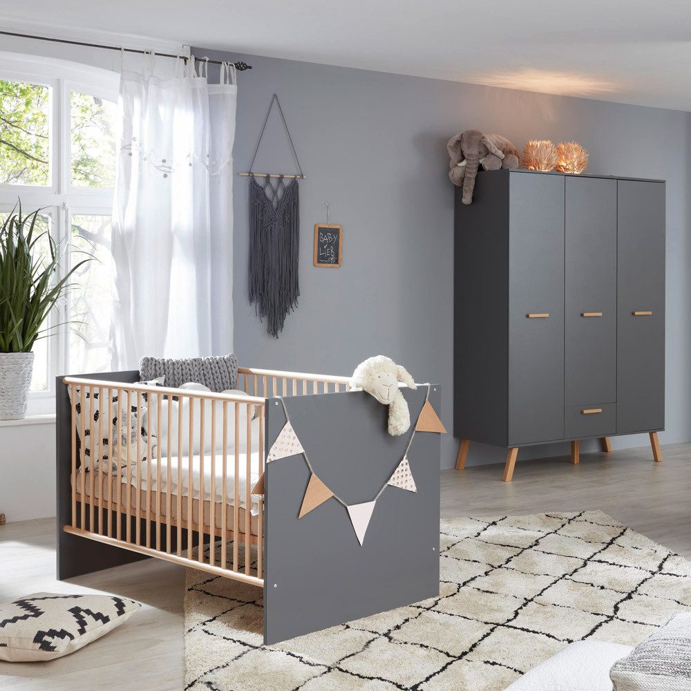 Lomadox Babyzimmer-Komplettset MANISA-19, (2-St), Grau mit Absetzungen in Buche massiv