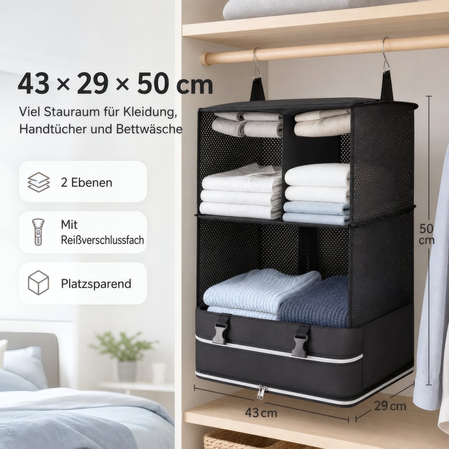 HEYHIPPO Kofferorganizer Hängende Kleideraufbewahrung 3 Ebenen, 43×29×50cm, Reißverschlussfach (Packung, Reise-Kleideraufbewahrung faltbar, für Schrank, Reise,  – Bild 2 von 5
