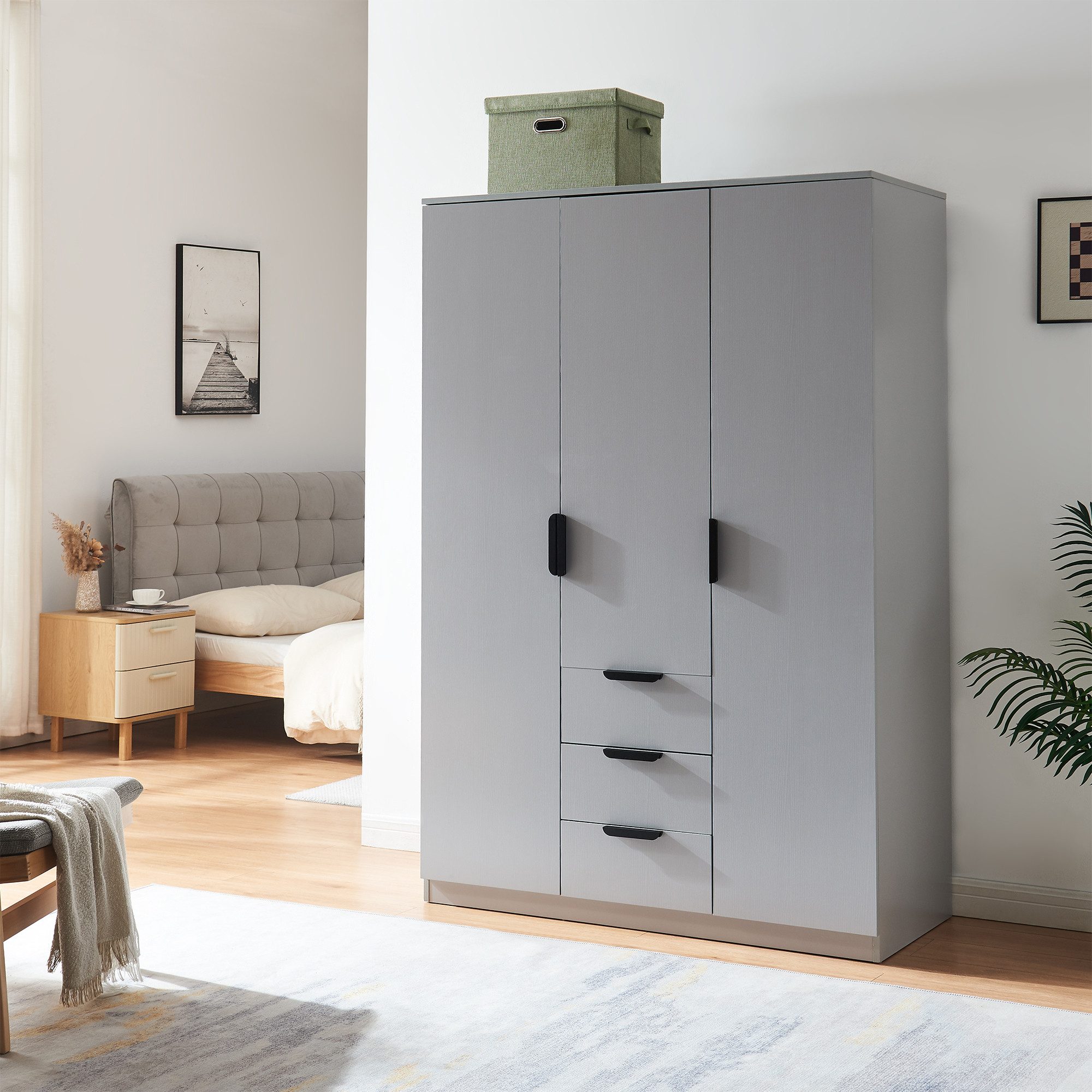 en.casa Kleiderschrank »Eiselfing« 3 Türen, 4 Fächer, 3 Schubladen 176x120x52 cm Grau