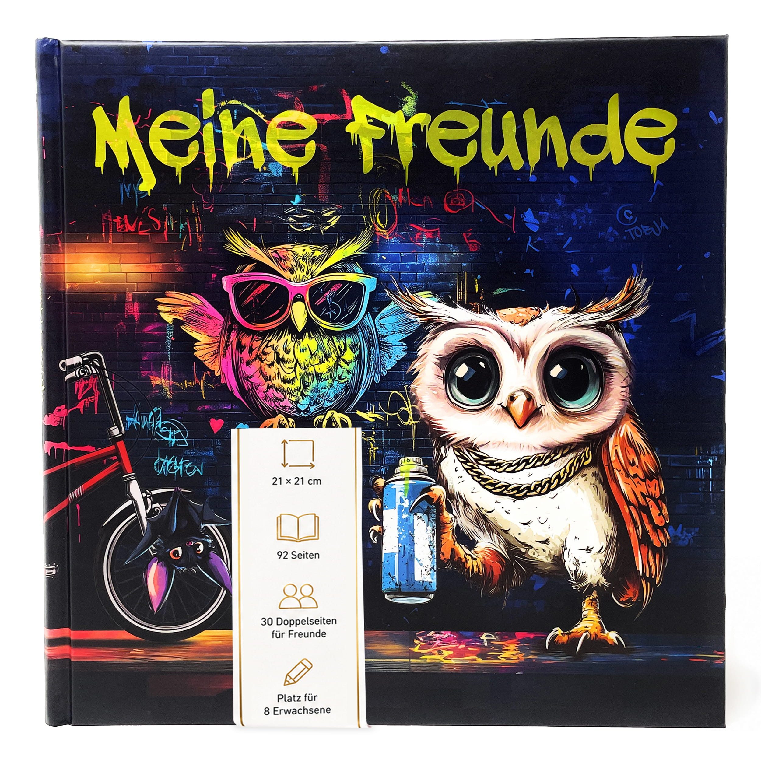 TOBJA Poesiealbum Freundebuch Grundschule Eule Graffiti - 30 Freunde, 8 Erwachsene, Graffiti-Motiv, 92 Seiten, 30 Doppelseiten, FSC®-Papier