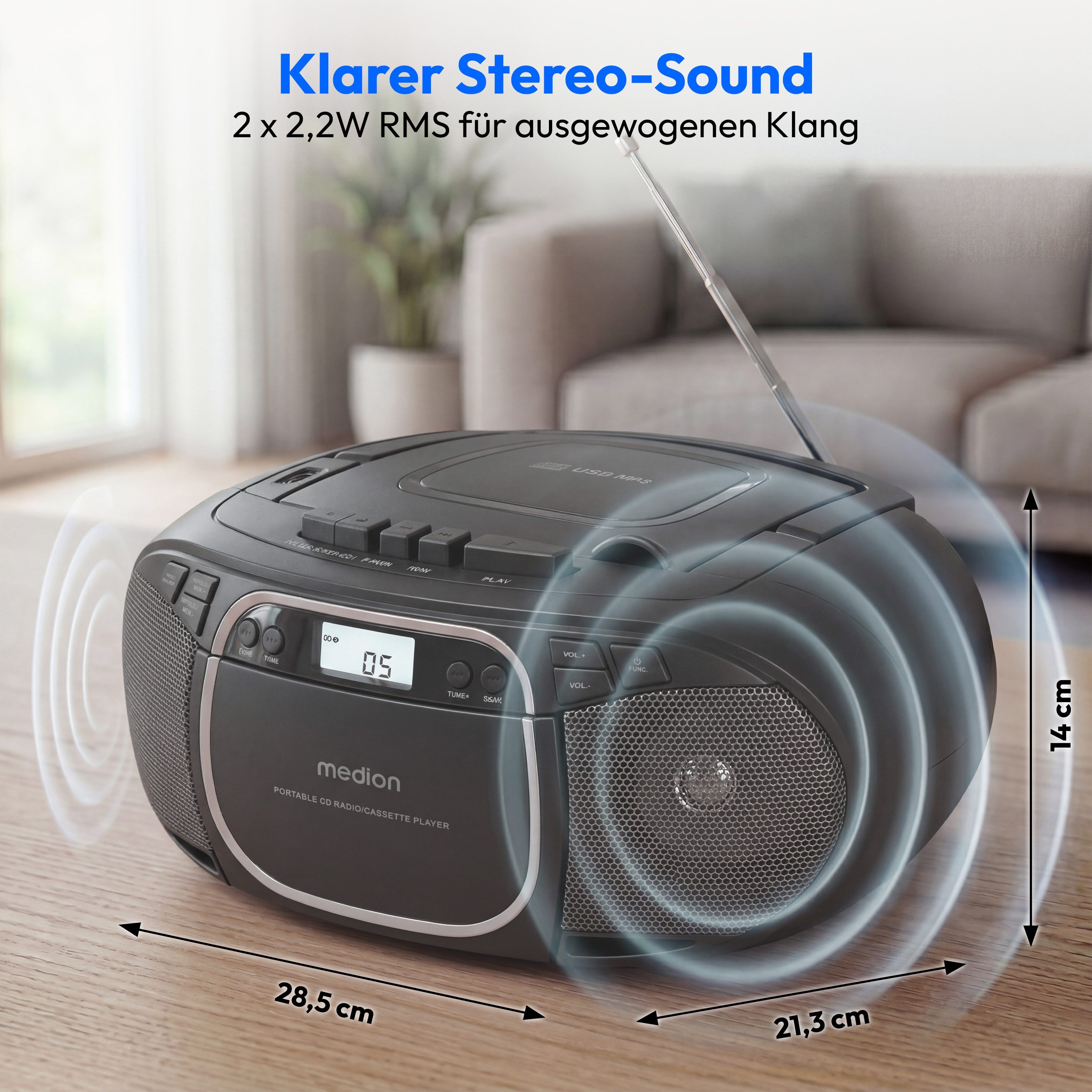 Medion® Kassetten Player (An/Aus Anzeige, Audiokassetten, AUX-Eingang, Batteriebetrieben, CD-Player, CD-R-Wiedergabe, CD-RW-Wiedergabe, FM-Radio, Digitalanzeige, Kassettenwiedergabe, USB, Tragbar, Stereo, Radio, MP3 CD-Wiedergabe, On/Off Switch, MW/UKW Radio, Netzbetrieben, Lautstärkeregelung, 2x 20W max., LC-Display, 30 Senderspeichern, USB)