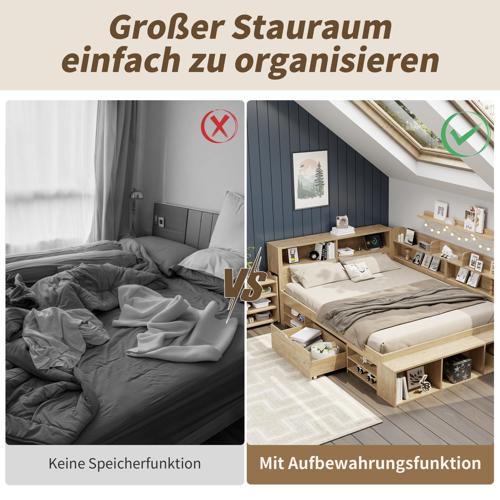 STILVORA Holzbett 90x200 mit Schublade,Jugendbett Stauraumbett mit Lattenrost,Natur (Stauraumbett, Kinderbett, 1-tlg., 90*200 cm, ohne Matratze), mit ausziehbarer Nachttisch Schubladen, Regal und Stauschrank