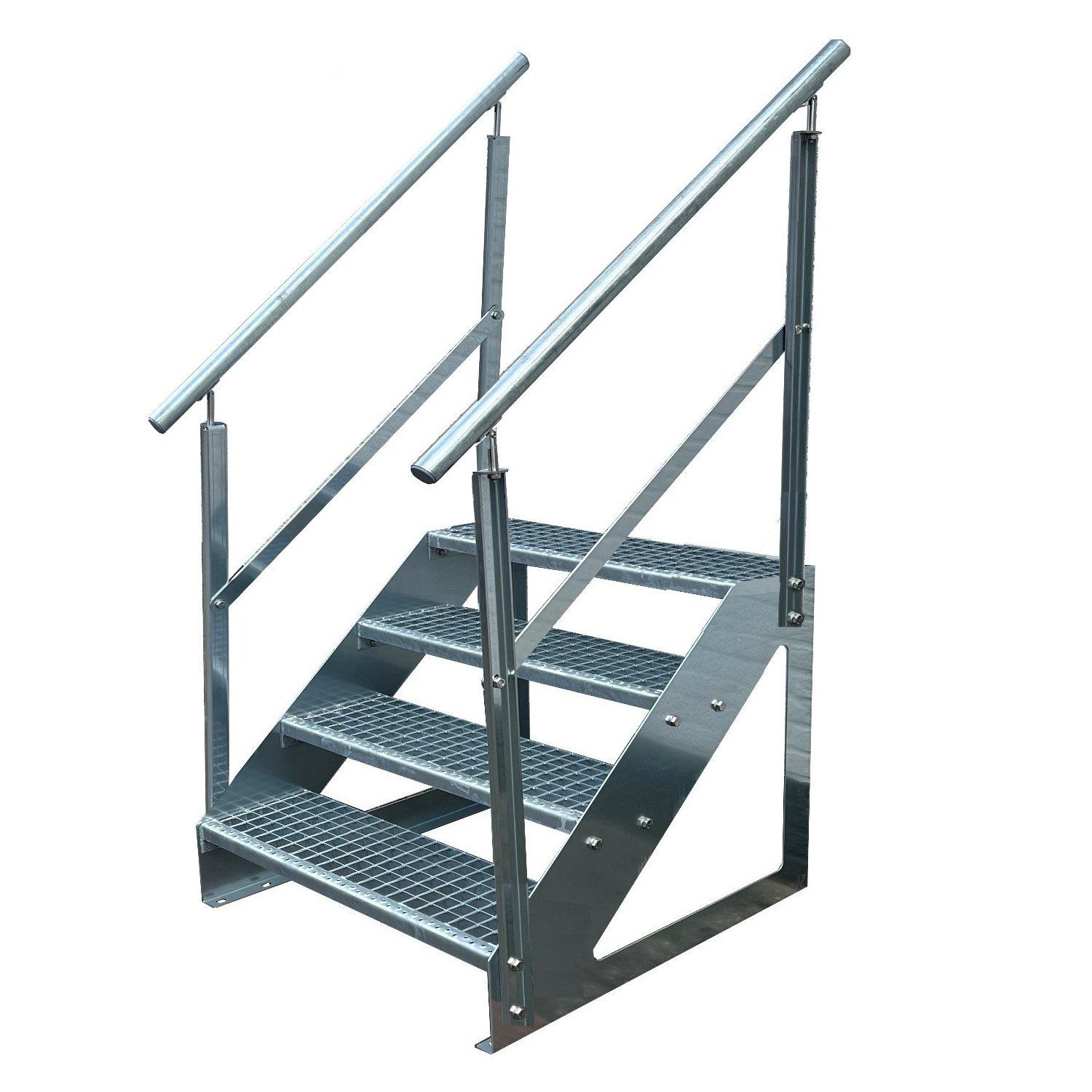 Kaminbau Mierzwa Außentreppe Premium Treppe Verzinkt mit oder ohne Geländer, für Geschosshöhen bis 76.00 cm, Stufen Gitterroststufen nach DIN 24531, (Höhe 76 cm, Stufenbreite und Geländerart wählbar), Gartentreppe Stahltreppe Wetterfest Rostfrei Feuer-Verzinkt Rutschfest
