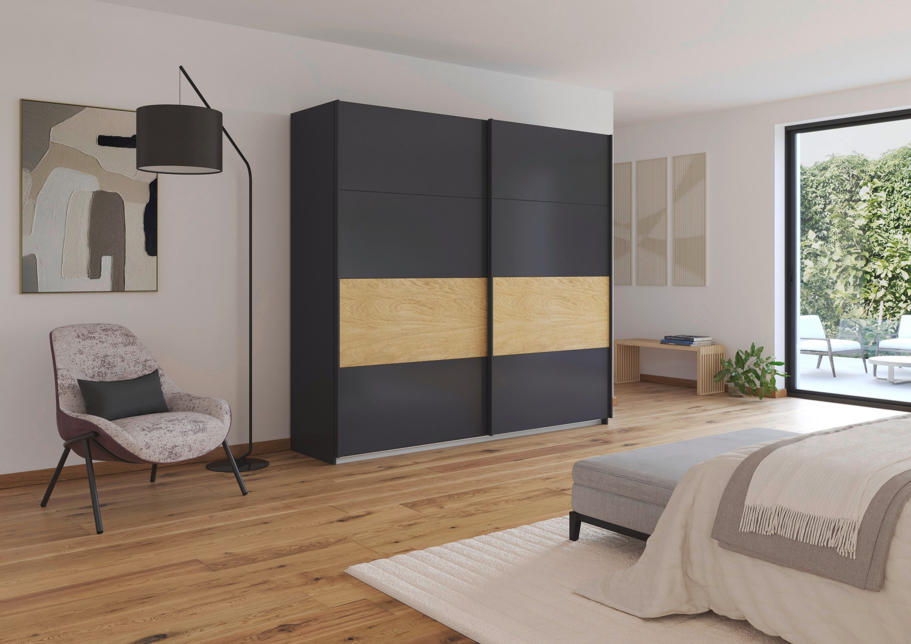 rauch Schwebetürenschrank Kleiderschrank Schrank Garderobe Schlafzimmerschrank MALVA Bauchbinde abgesetzt in gebürstetem Eiche Furnier MADE IN GERMANY