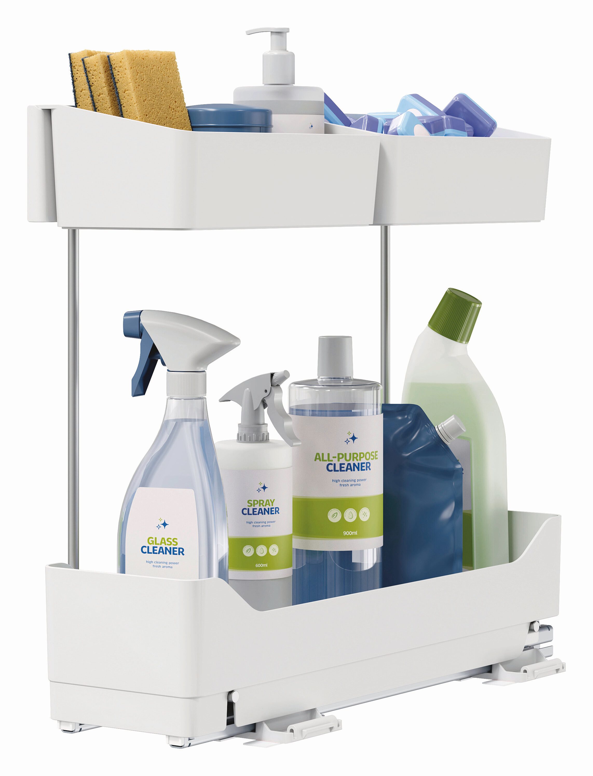 tesa Küchenorganizer-Set Pull Out ausziehbare Küchen-Schublade, Seitenauszug für Küchenschränke, (10-tlg., 2x Auszugsschienen, 1x Regalboden, 2x Boxen, 5x Powerstrips, uvm), selbstklebende Schubladenschienen für den Küchenschrank, ohne Bohren