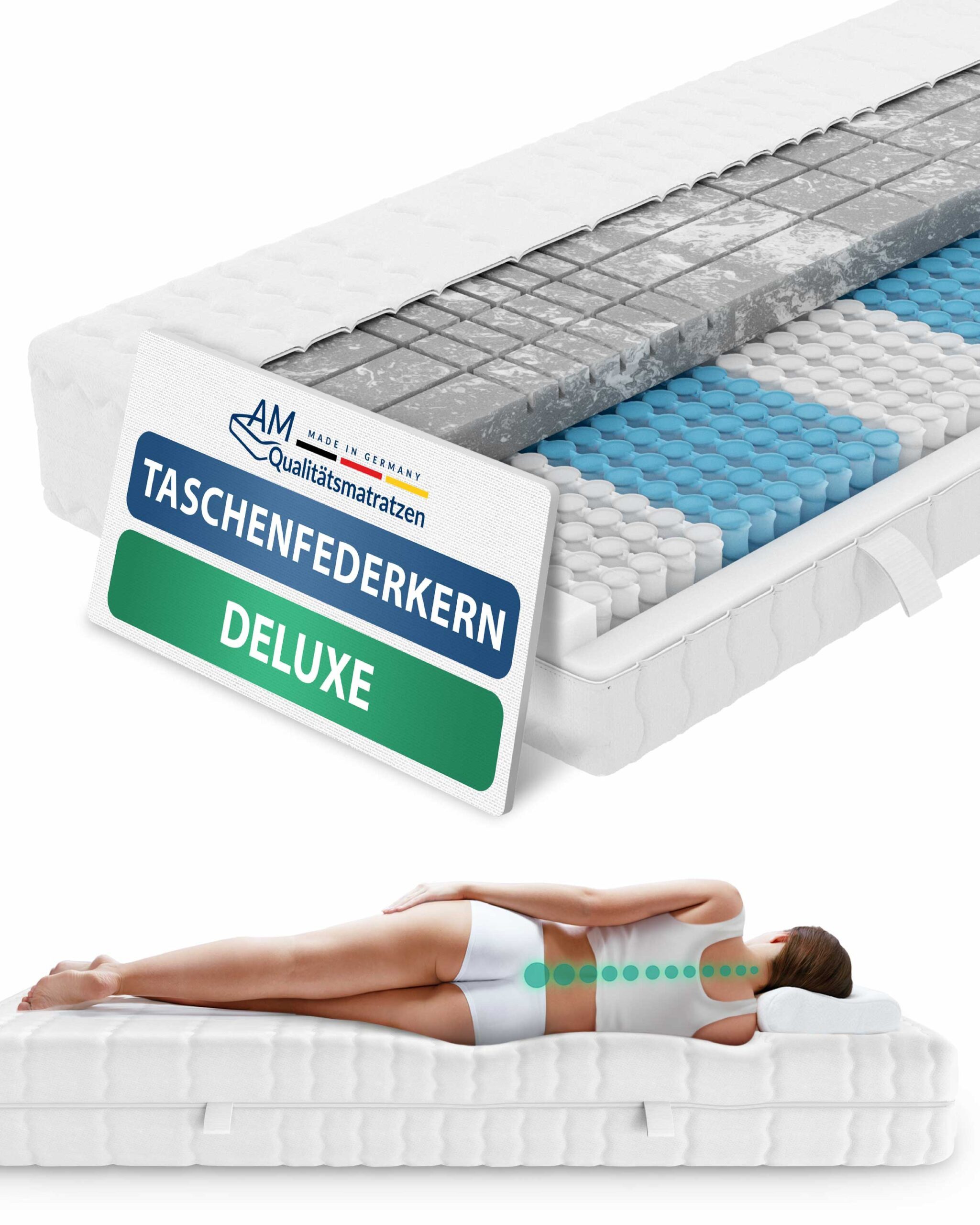 Taschenfederkernmatratze Deluxe 7-Zonen Federkernmatratze mit 3D Kaltschaum, Optimale Anpassung, AM Qualitätsmatratzen, 24 cm hoch, 90x200 cm