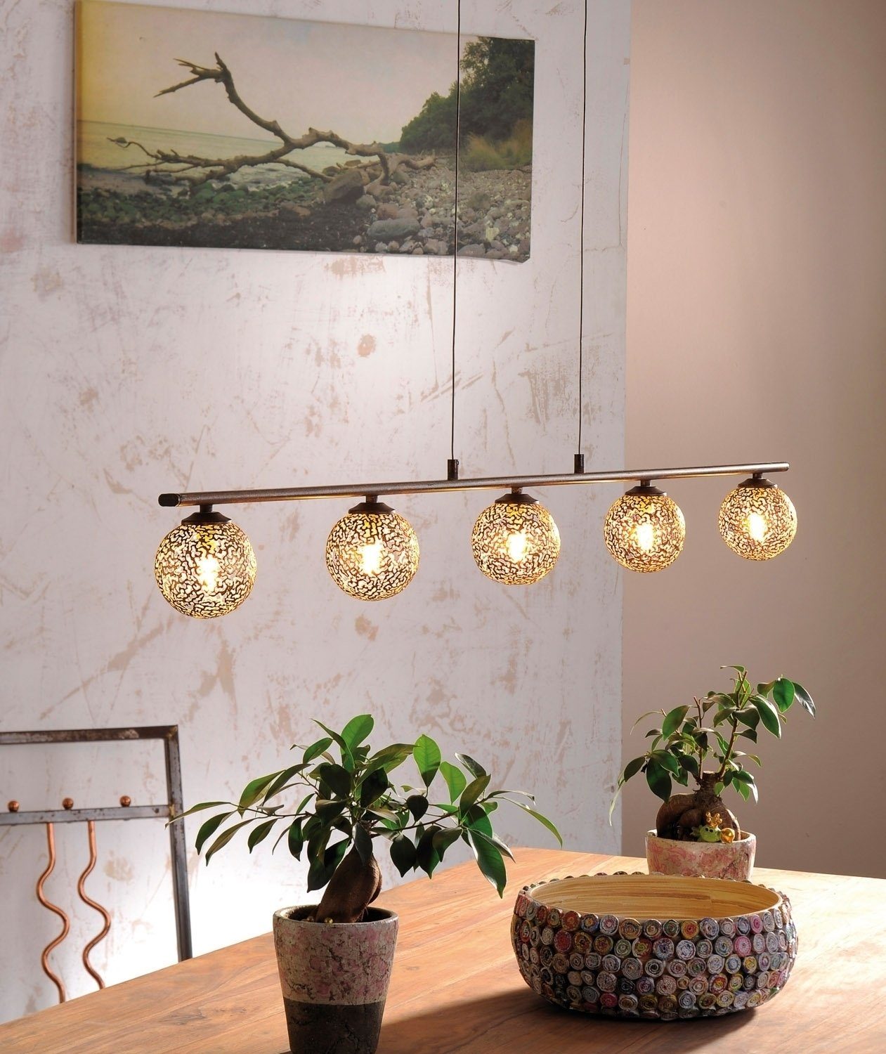 Paul Neuhaus Pendelleuchte GRETA, 5-flammig, Braun, Goldgelb, Stahl, ohne L günstig online kaufen